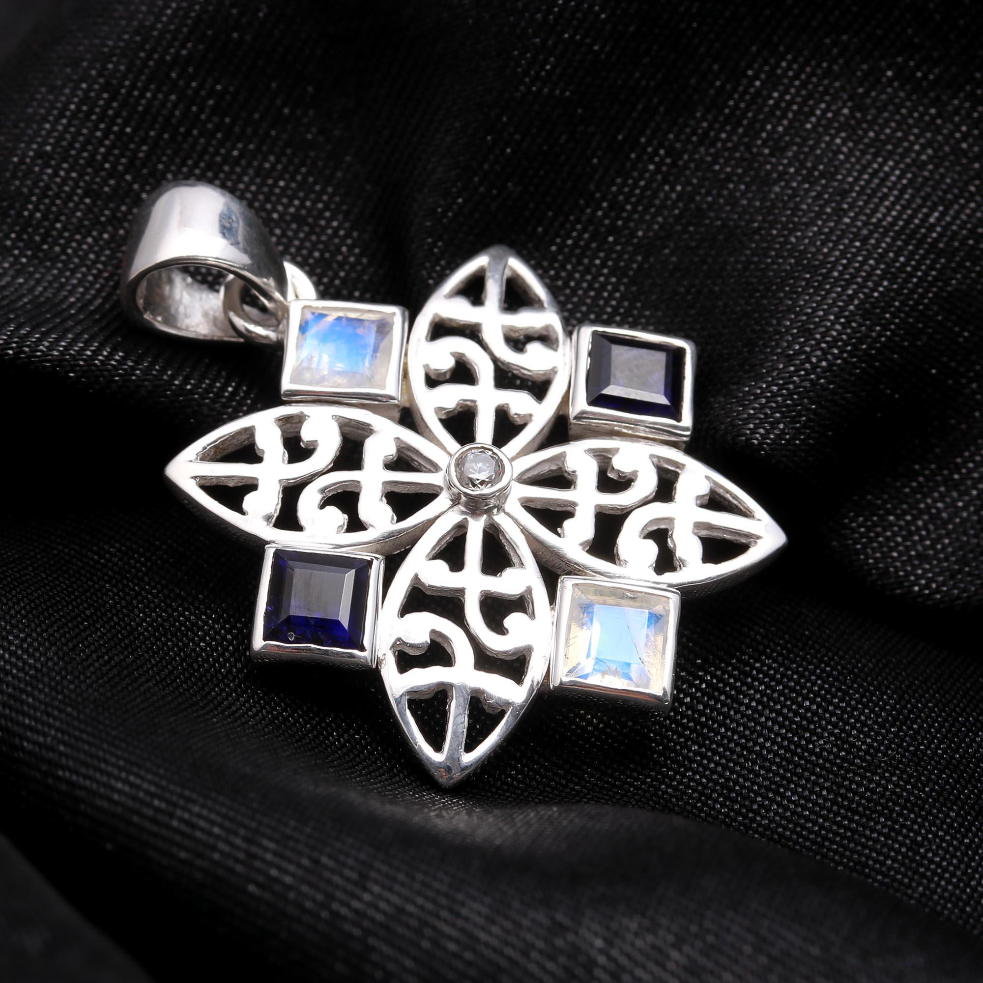 The Midnight Star: Iolite & Moonstone Silver Mandala Pendant