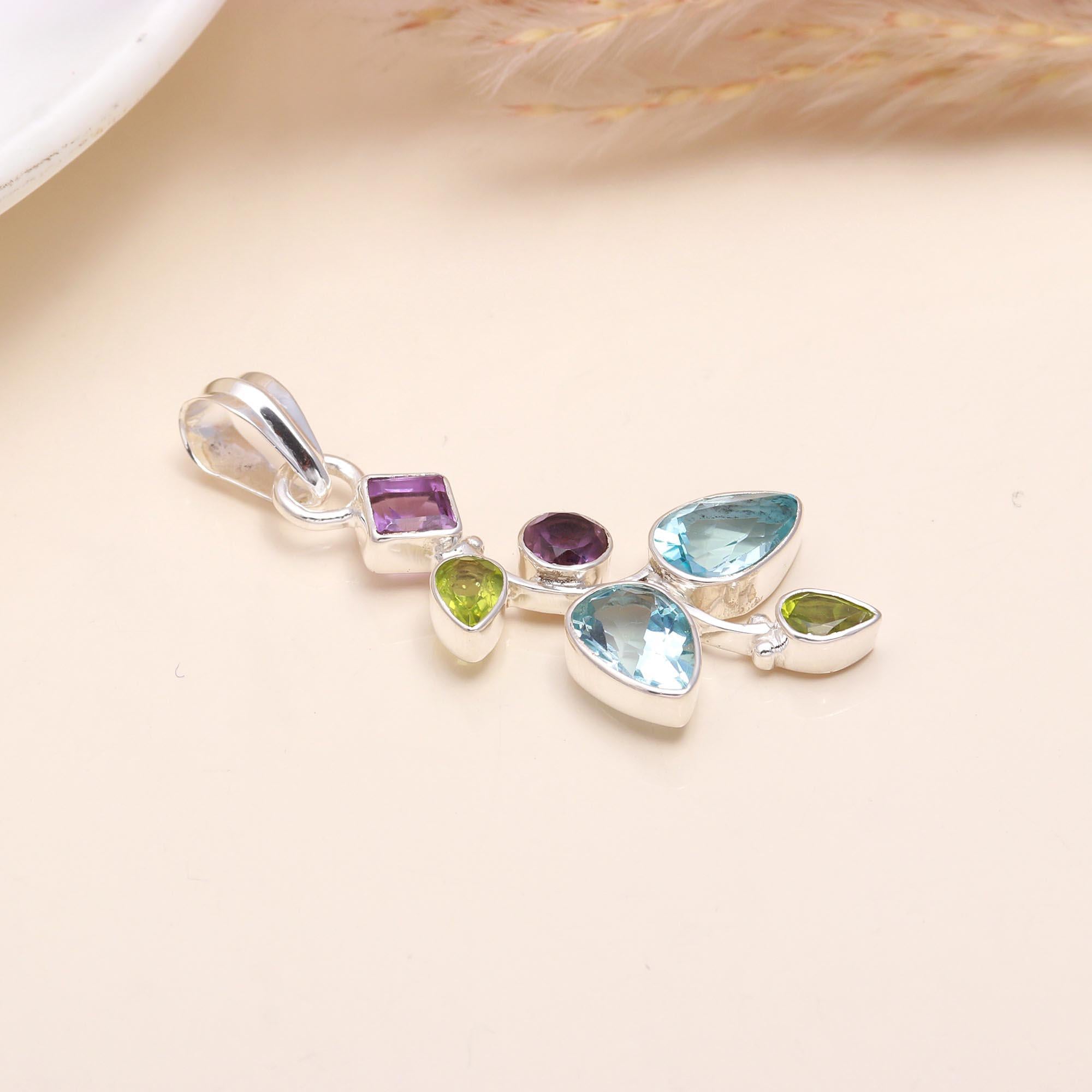925 Sterling Silver Blue Topaz, Amethyst & Peridot Pendant