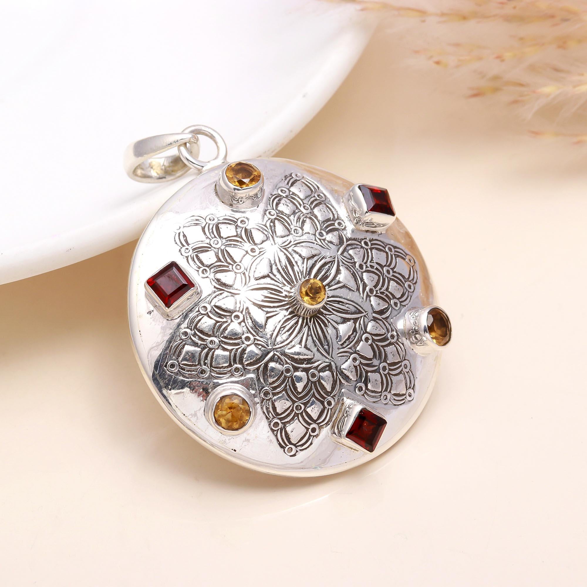 925 Sterling Silver Garnet & Citrine Pendant