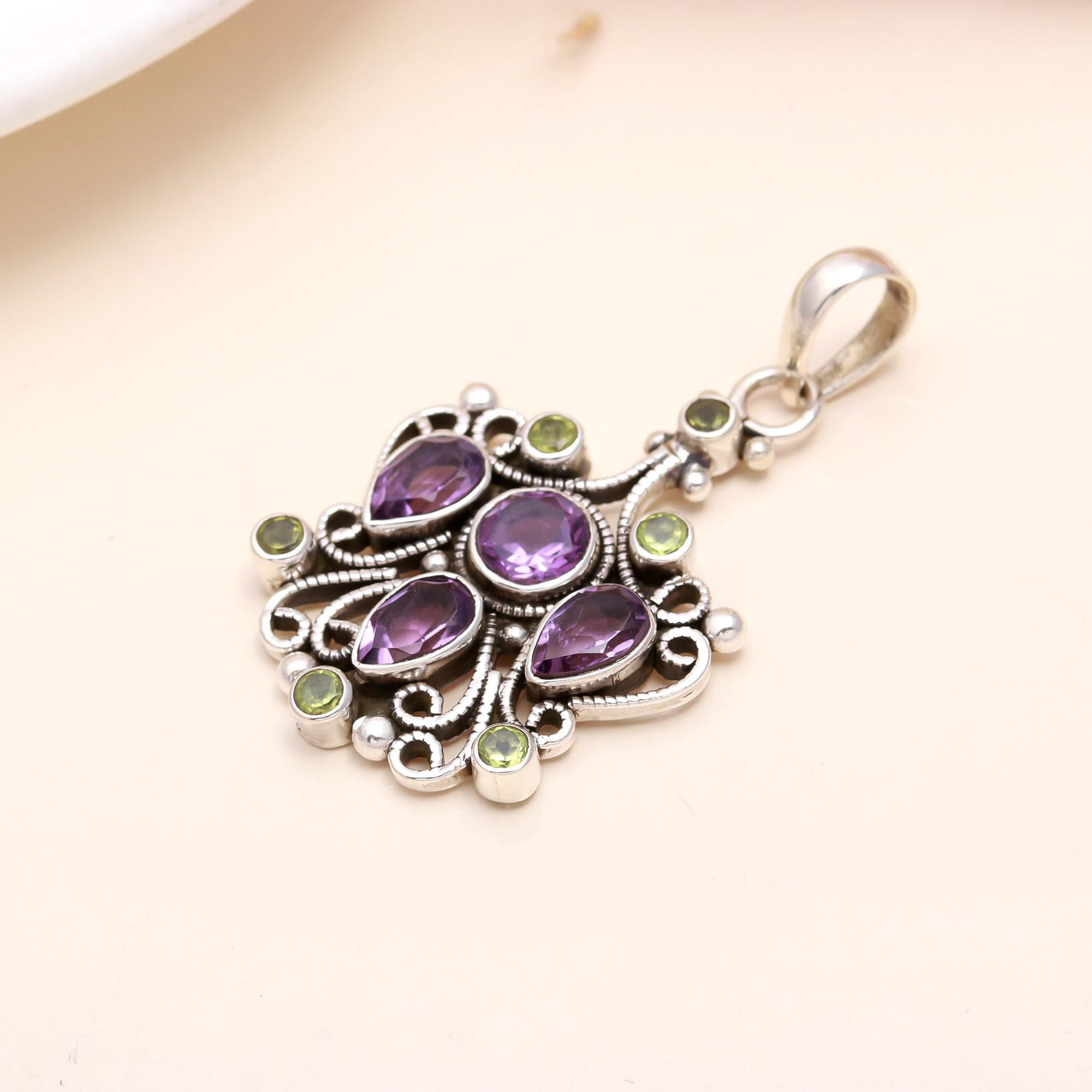 925 Sterling Silver Vintage Amethyst & Peridot Gemstone Filigree Pendant