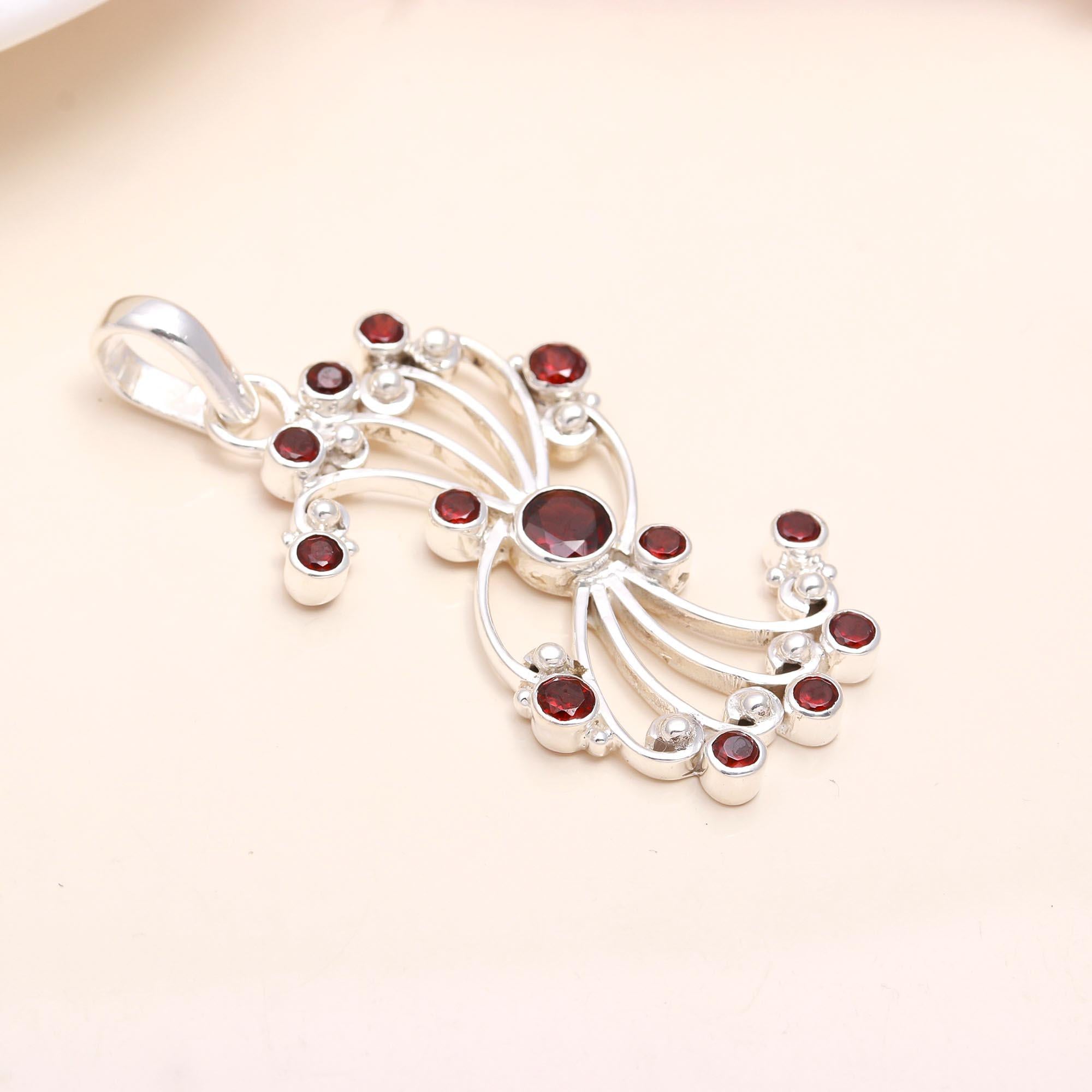 925 Sterling Silver Round Garnet Filigree Statement Pendant