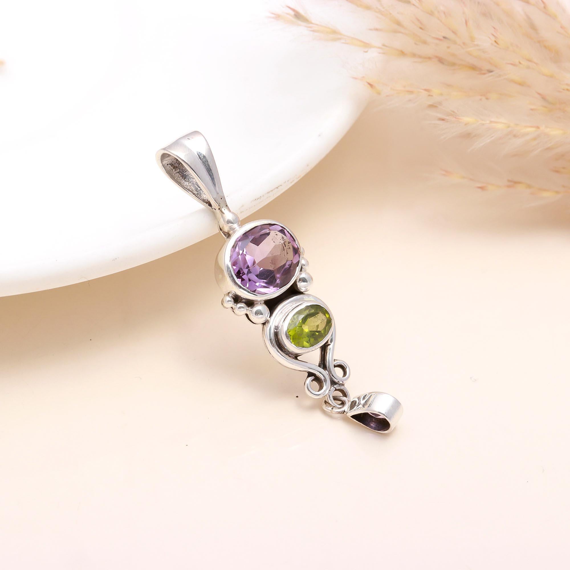 925 Sterling Silver Amethyst & Peridot Pendant