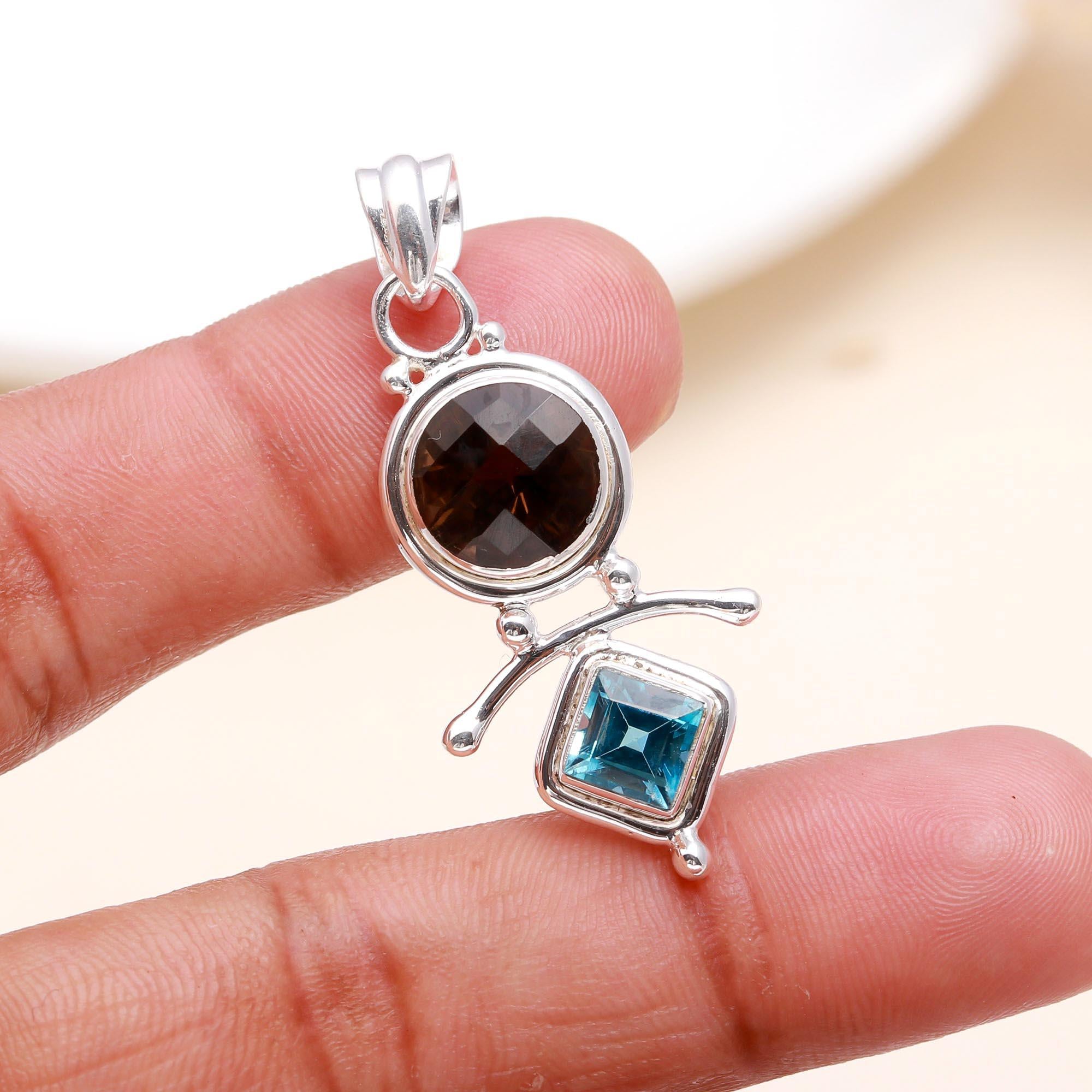 925 Sterling Silver Smoky Quartz & Blue Topaz Pendant