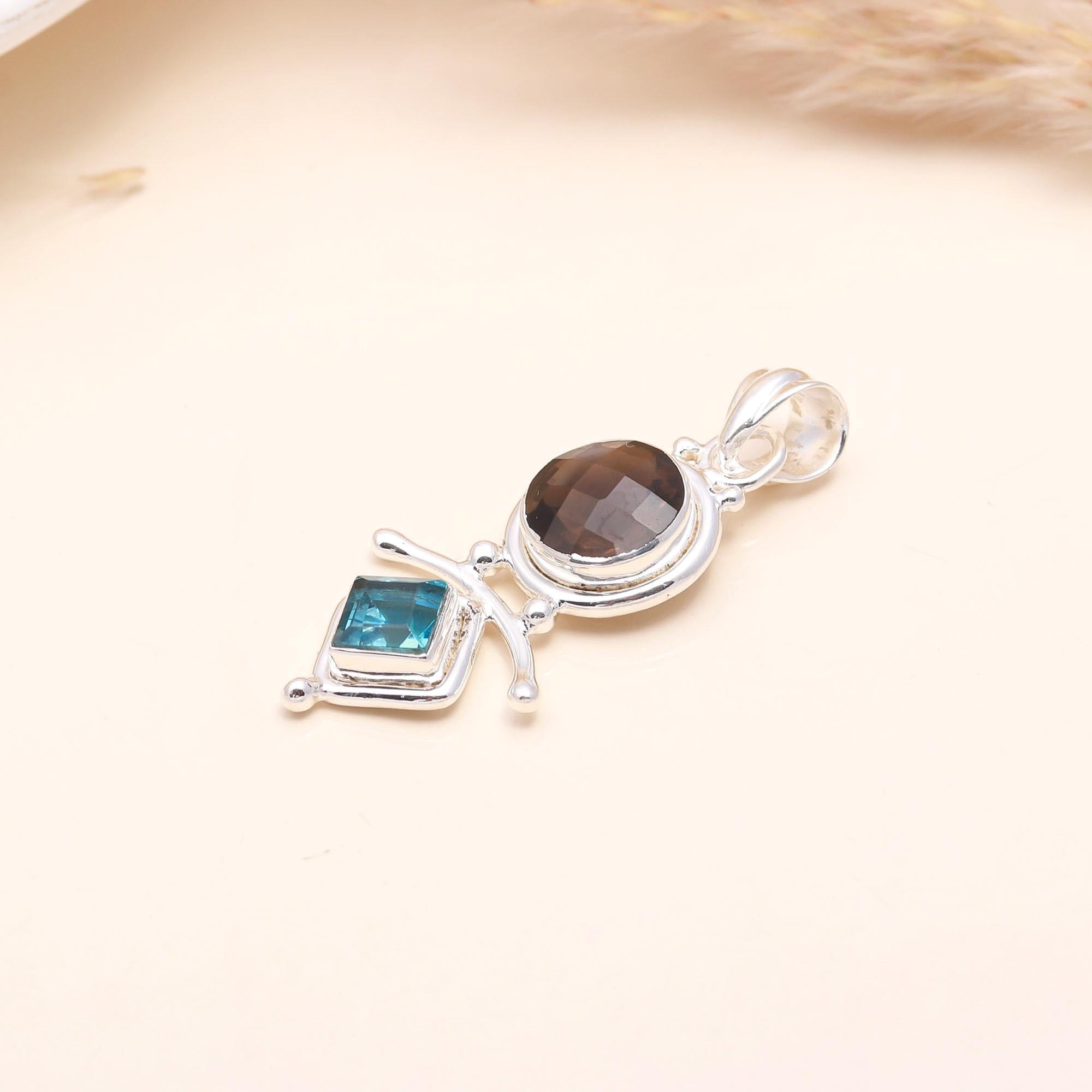 925 Sterling Silver Smoky Quartz & Blue Topaz Pendant