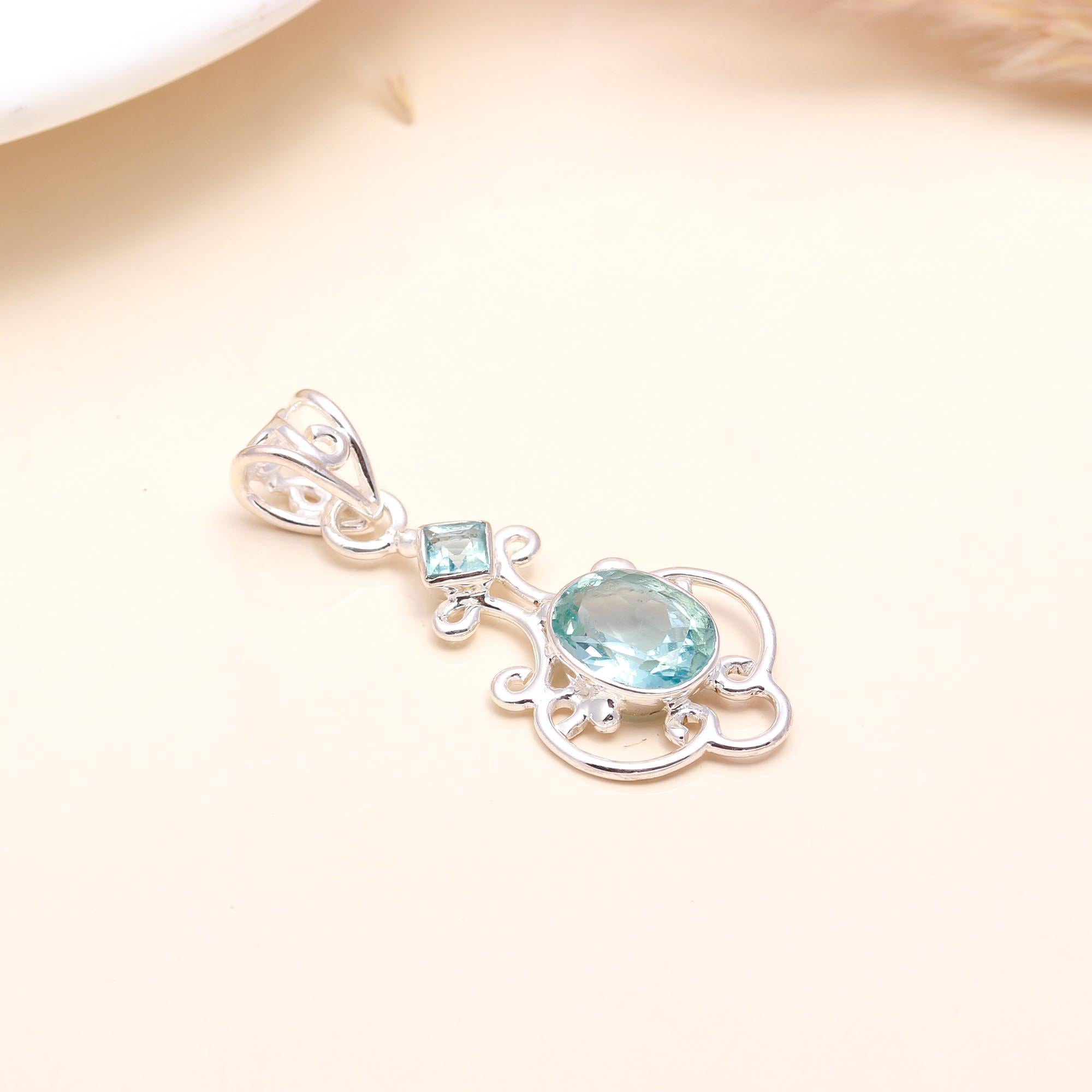 925 Silver Blue Topaz Filigree Pendant