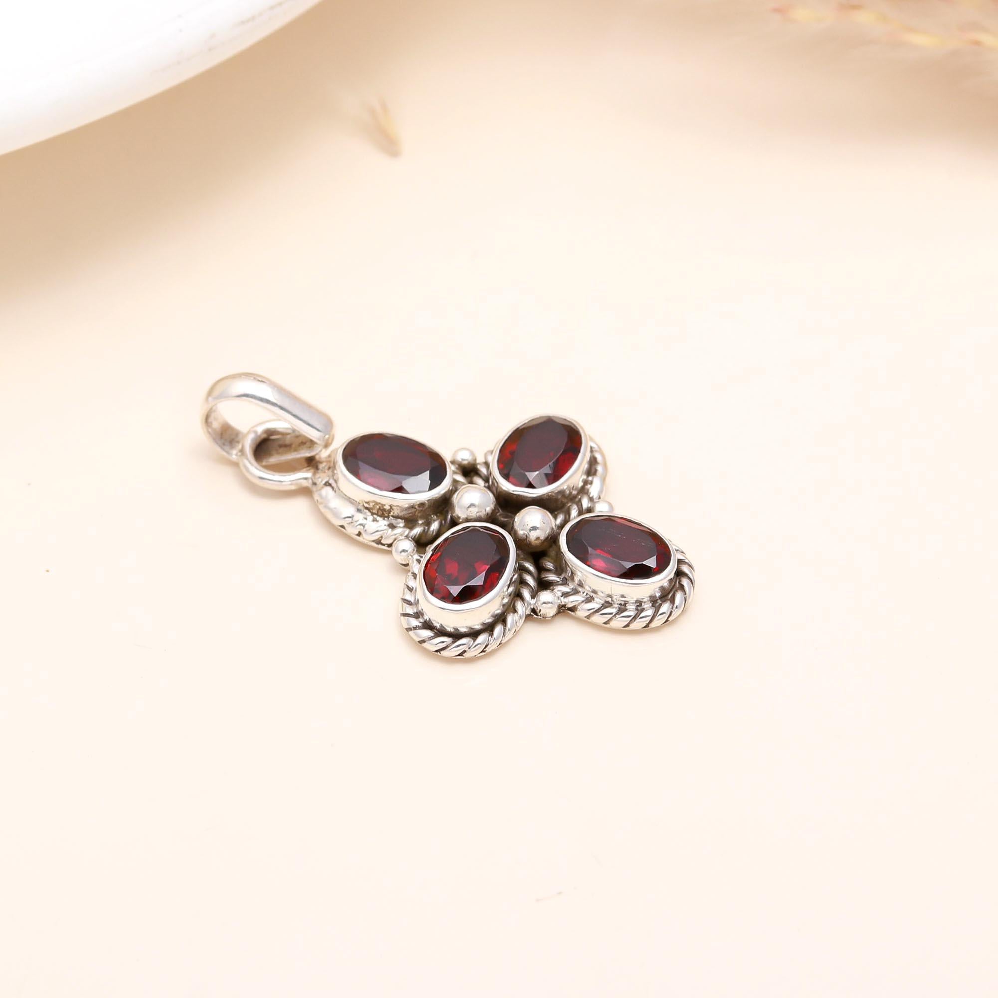 925 Sterling Silver Garnet Cross Pendant