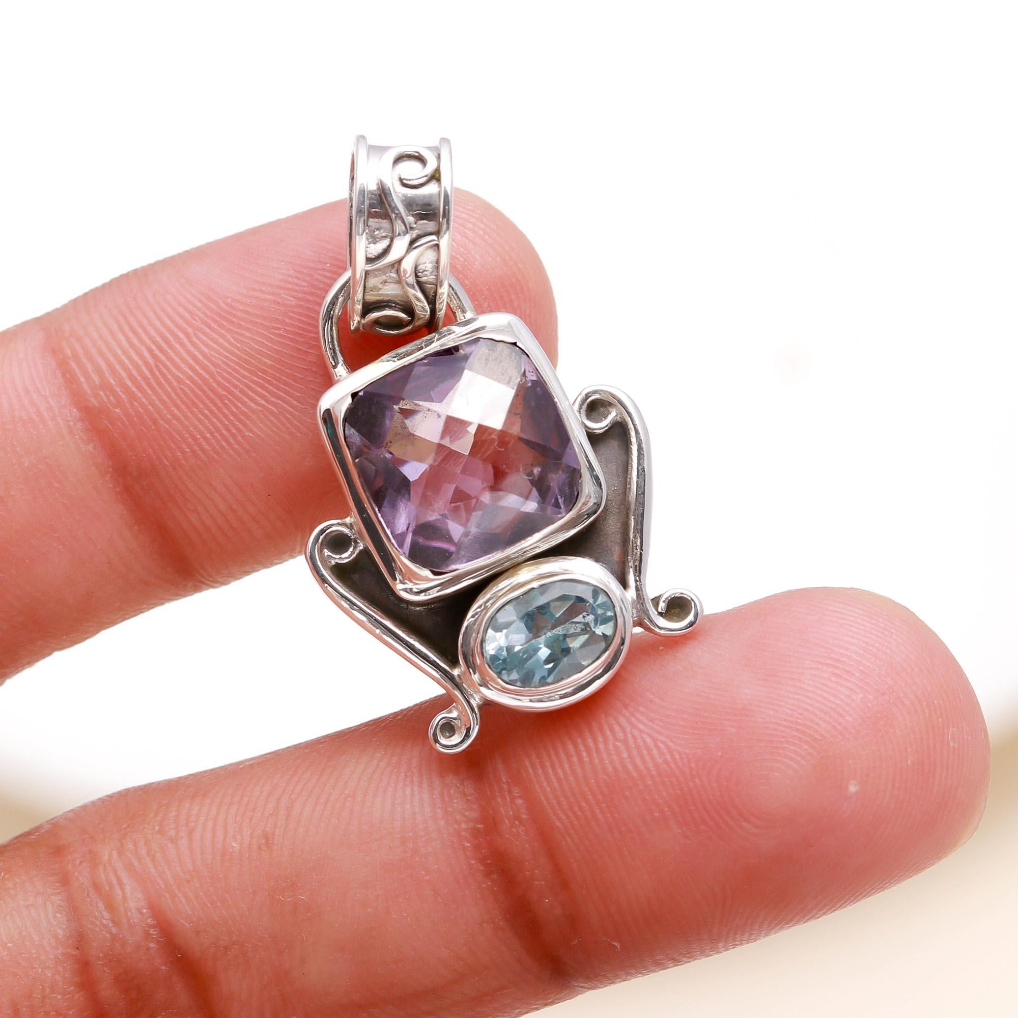 925 Sterling Silver Amethyst & Blue Topaz Pendant