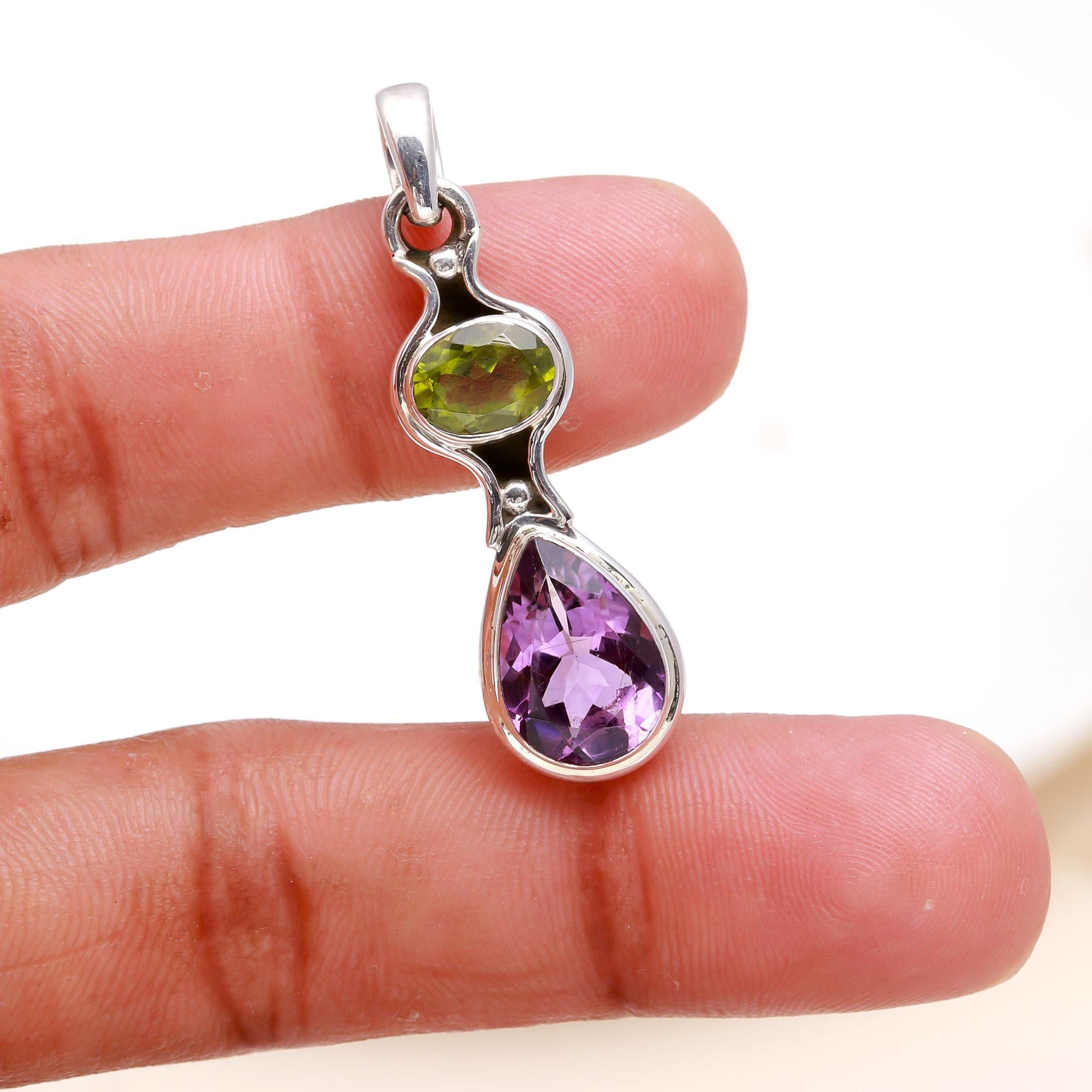925 Sterling Silver Amethyst & Peridot Drop Pendant