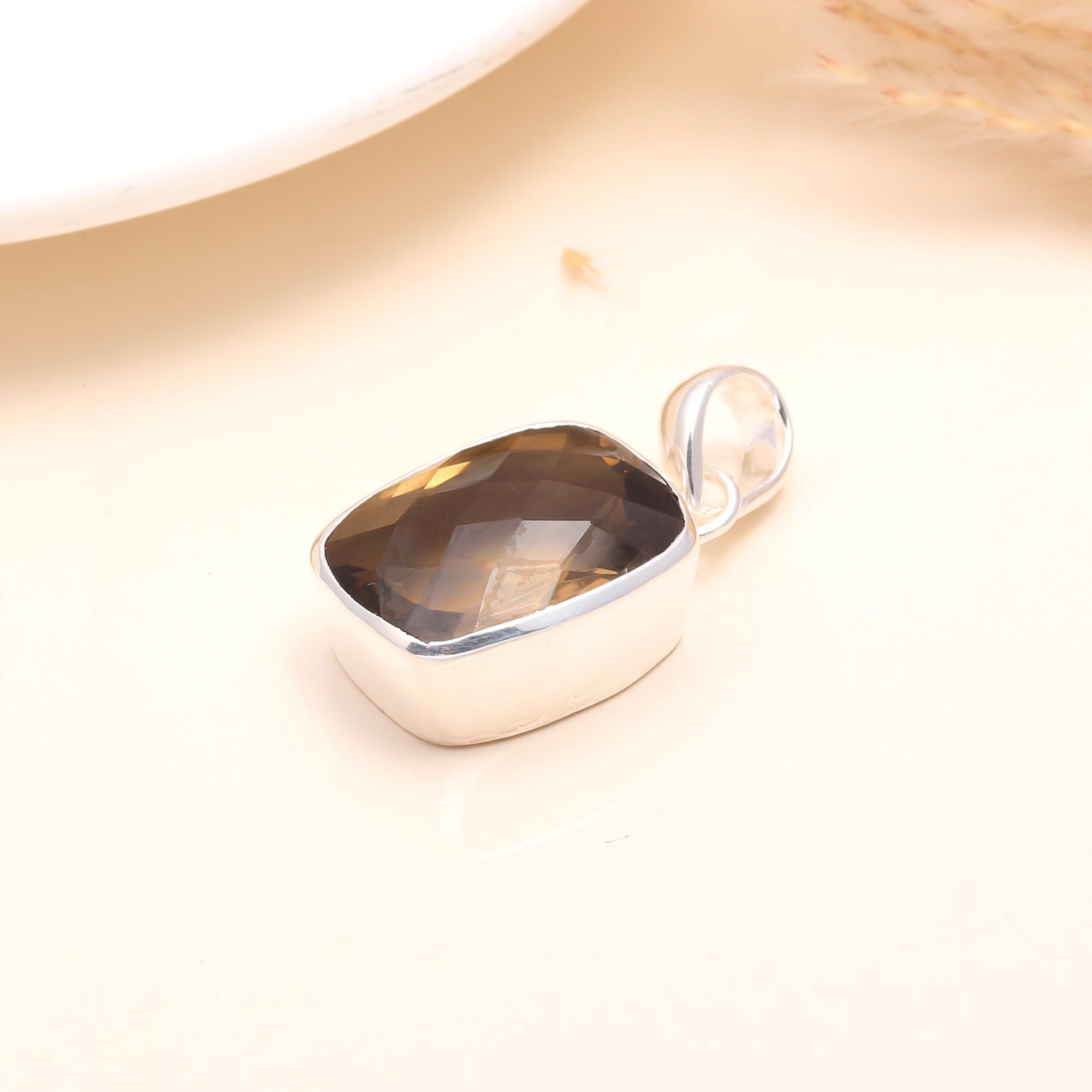 925 Sterling Silver Smoky Quartz Cushion-Cut Gemstone Pendant