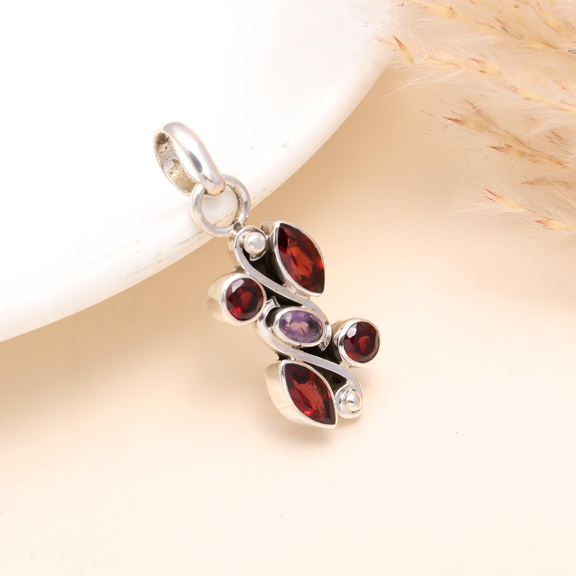 925 Sterling Silver Garnet & Amethyst Pendant