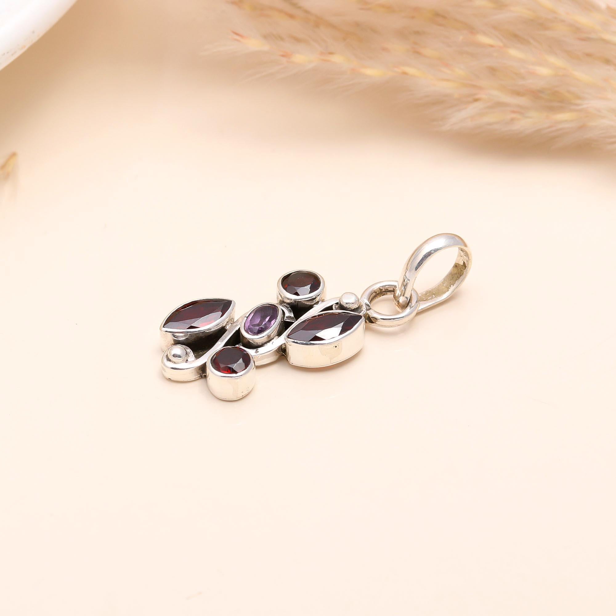 925 Sterling Silver Garnet & Amethyst Pendant