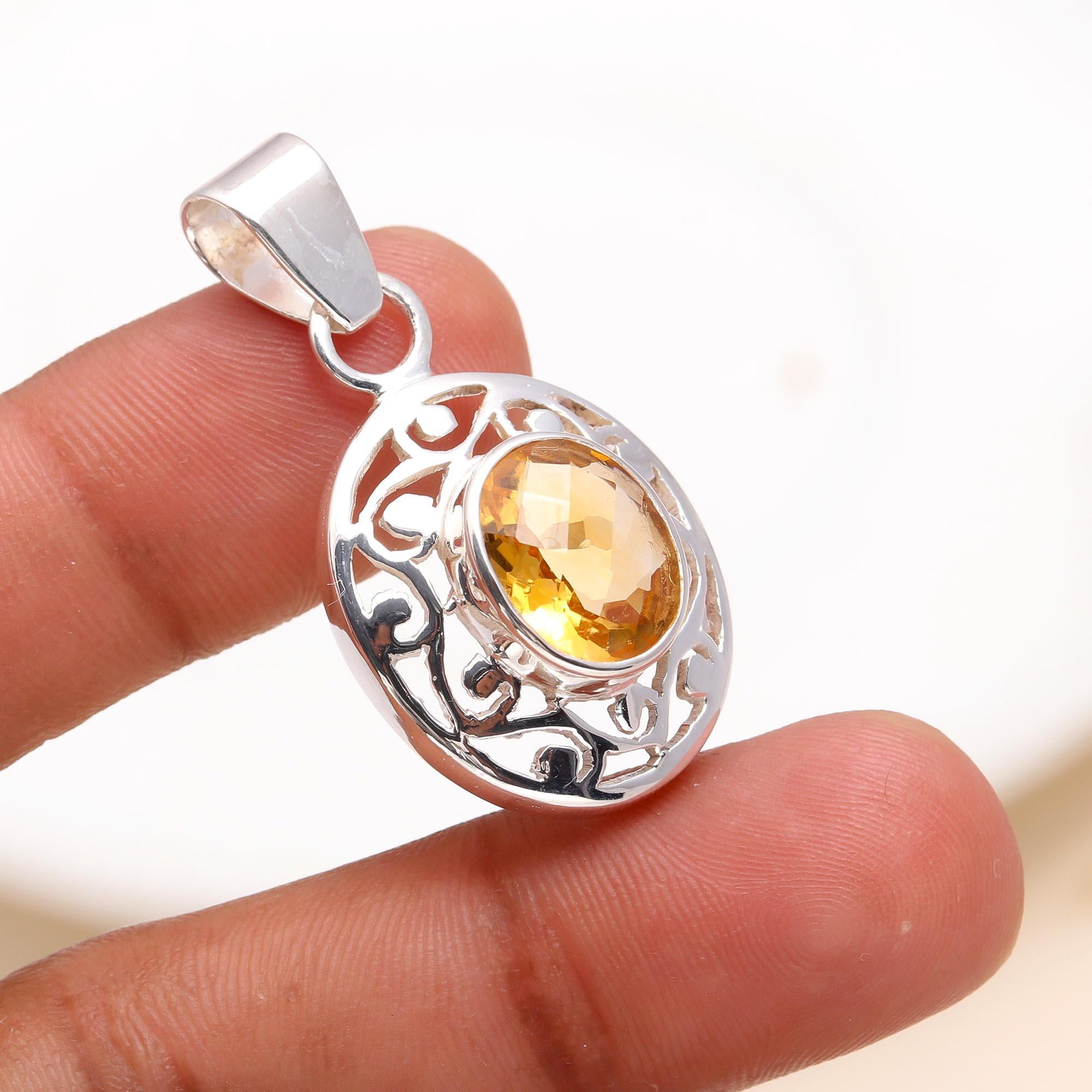 925 Sterling Silver Citrine Gemstone Filigree Pendant