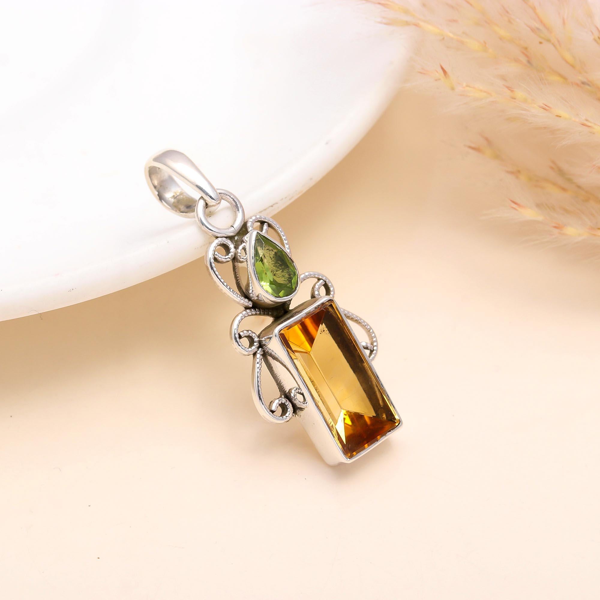 925 Sterling Silver Vintage Style Citrine & Peridot Filigree Pendant