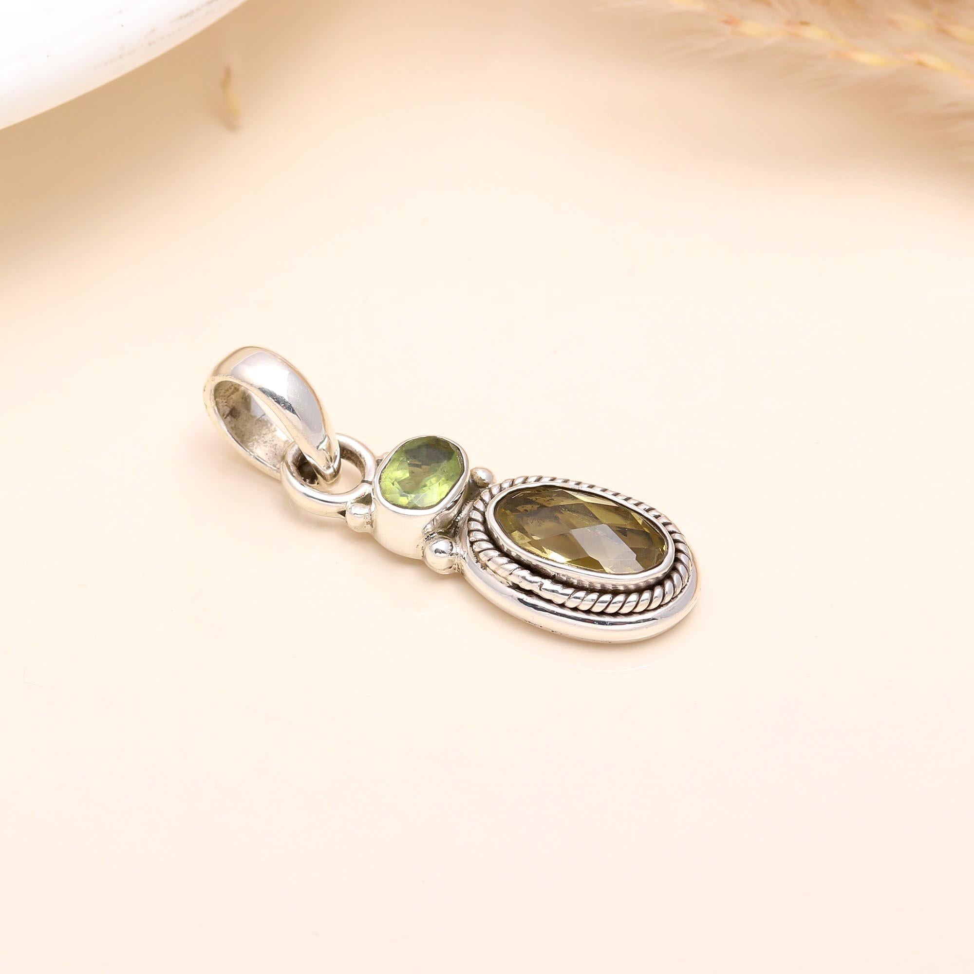 925 Sterling Silver Faceted Lemon Quartz & Peridot Pendant