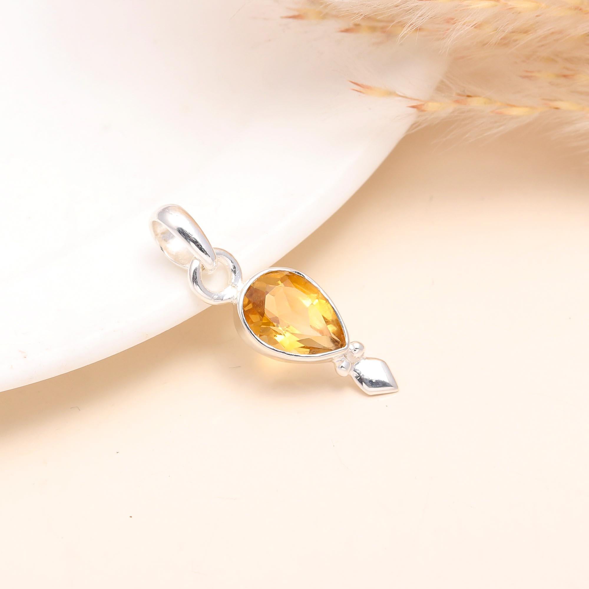 925 Sterling Silver Pear-Shaped Citrine Gemstone Pendant