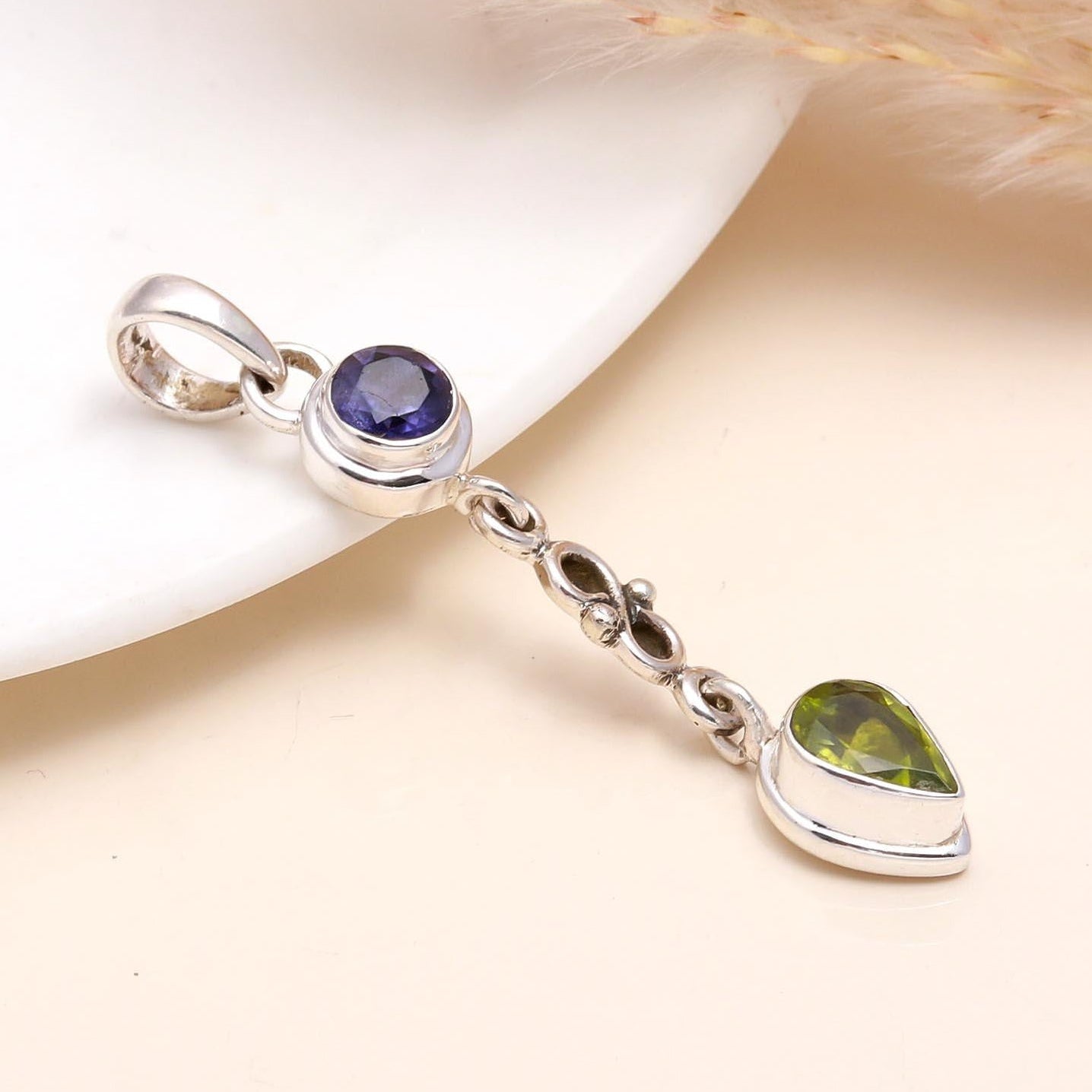 925 Sterling Silver Handmade Iolite & Peridot Dangle Pendant