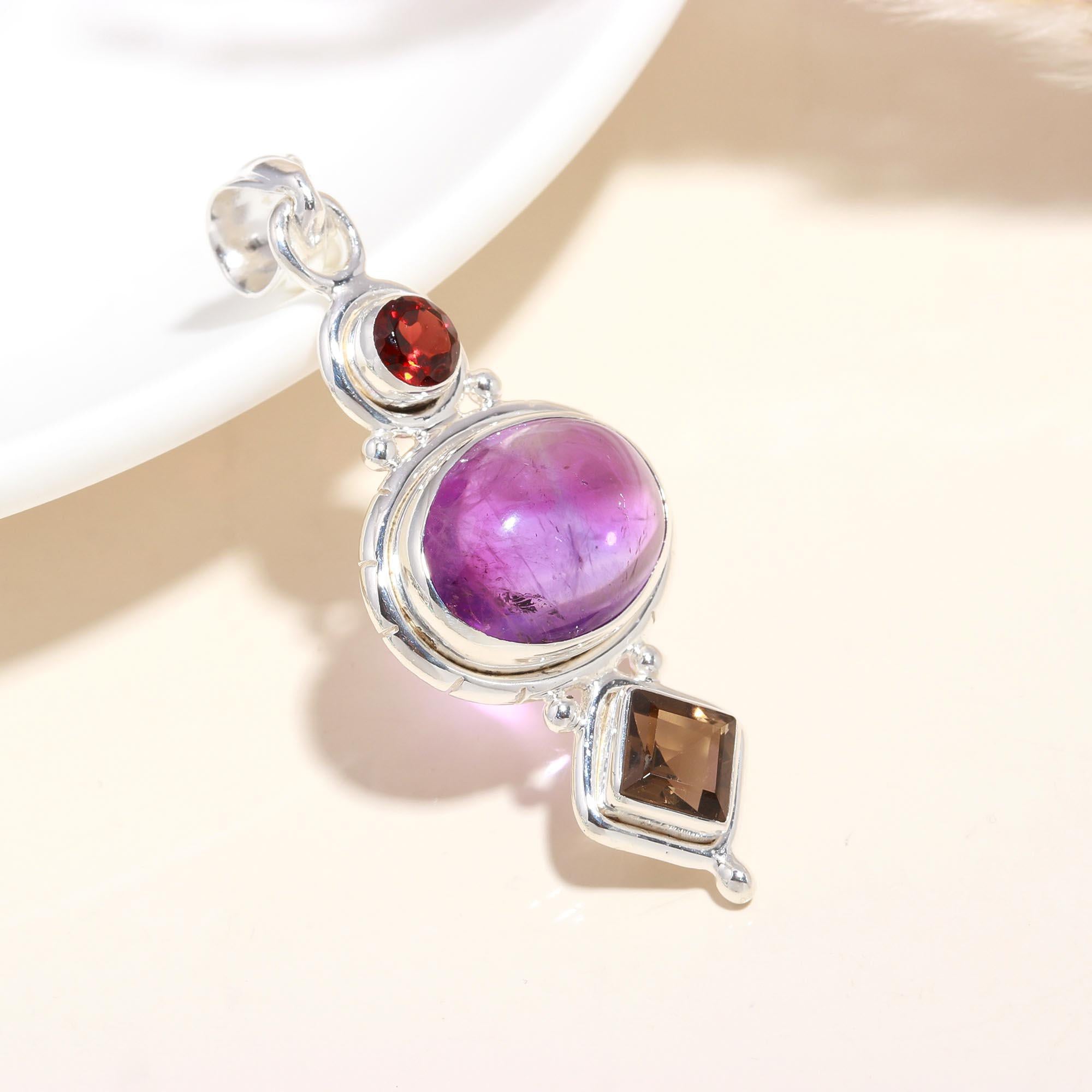 925 Sterling Silver Handmade Amethyst, Garnet & Smoky Quartz Pendant