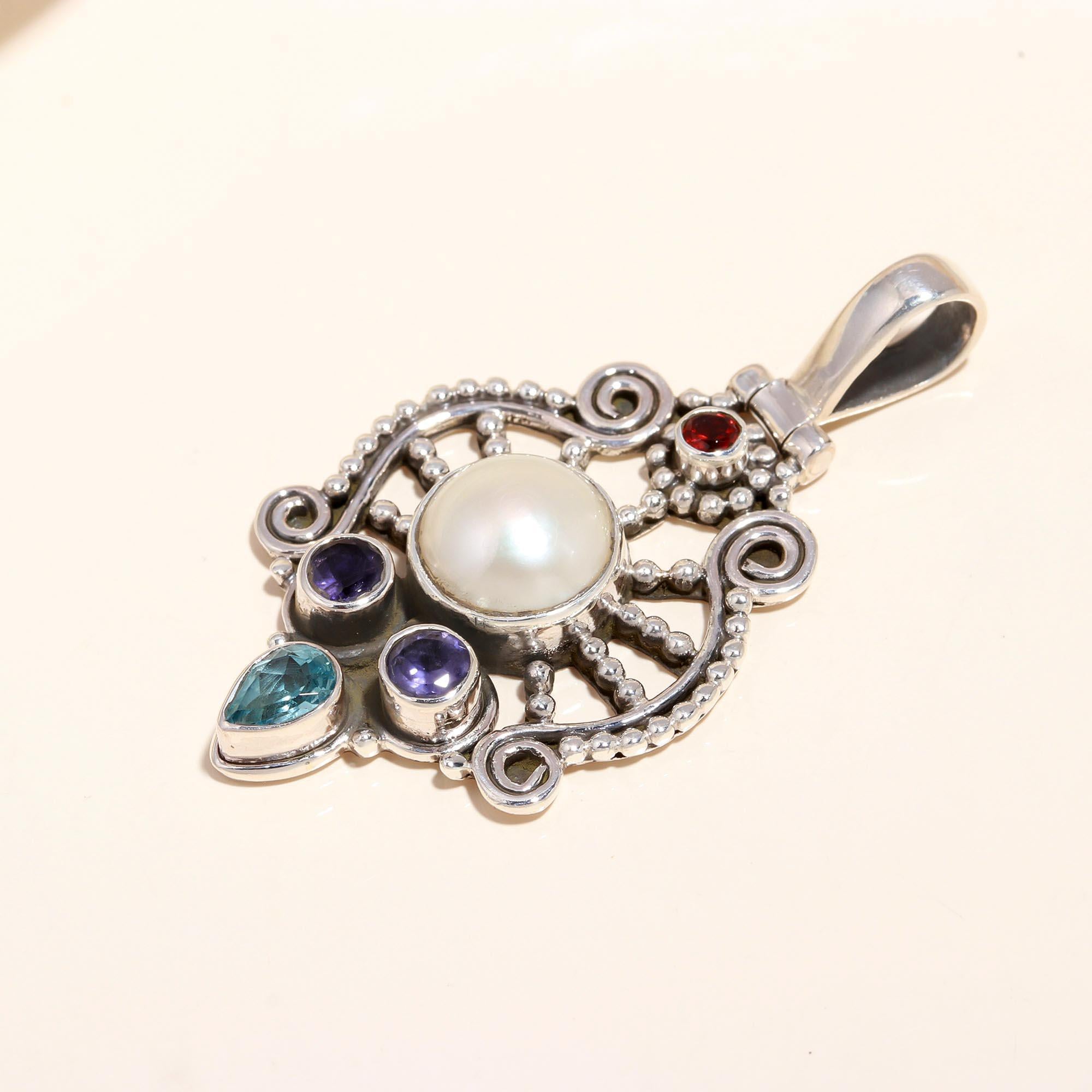 925 Sterling Silver Vintage Pearl & Gemstone Filigree Pendant