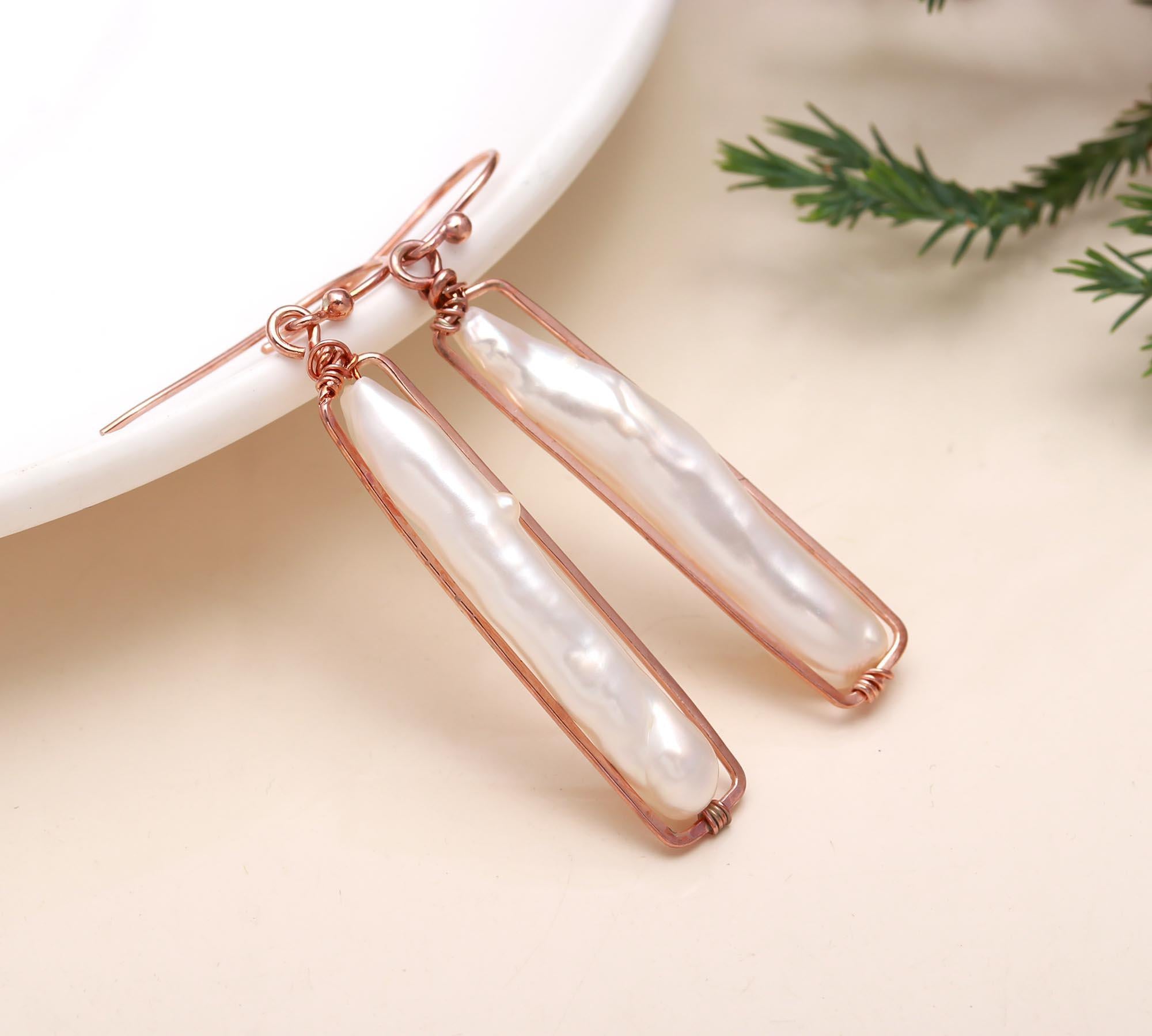 The Lustrous Meridian: Biwa Pearl & Rose Gold Frame Earrings