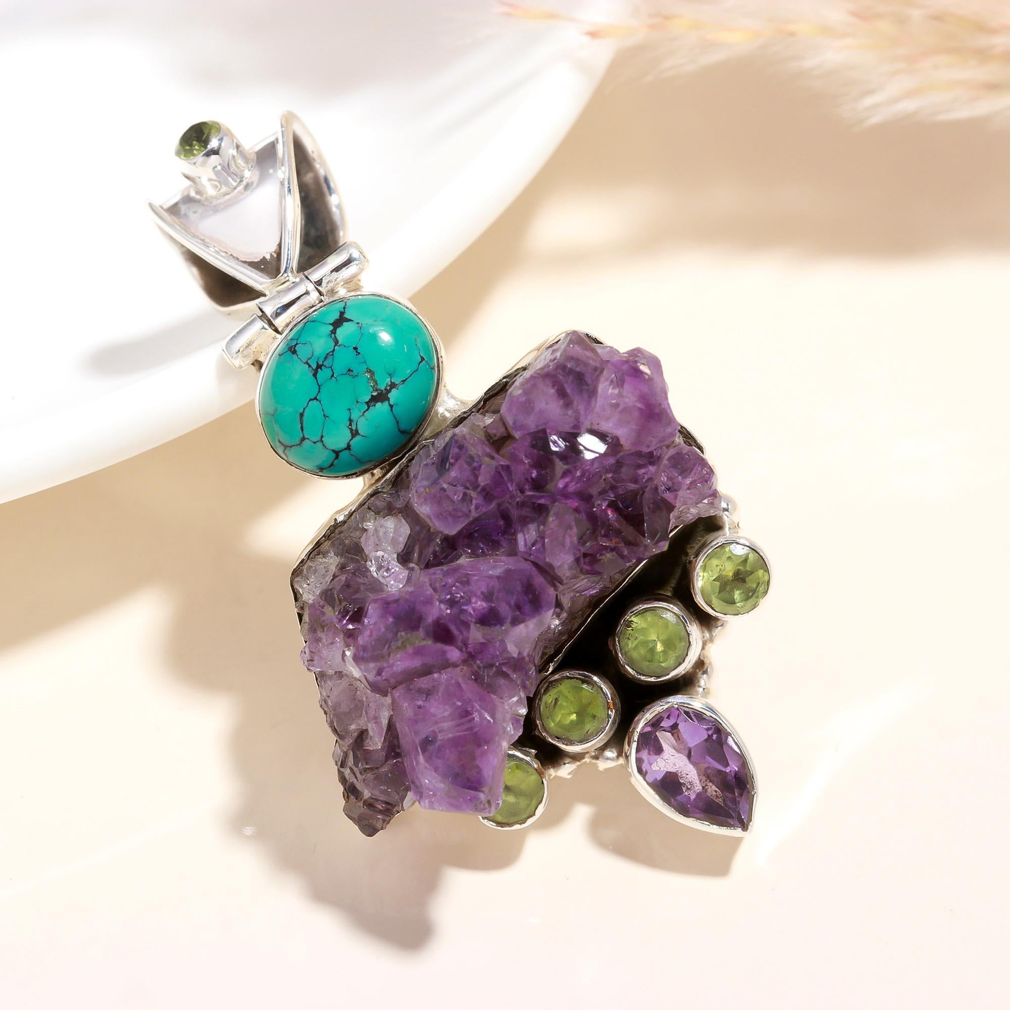 925 Sterling Silver Amethyst, Turquoise & Raw Crystal Statement Pendant