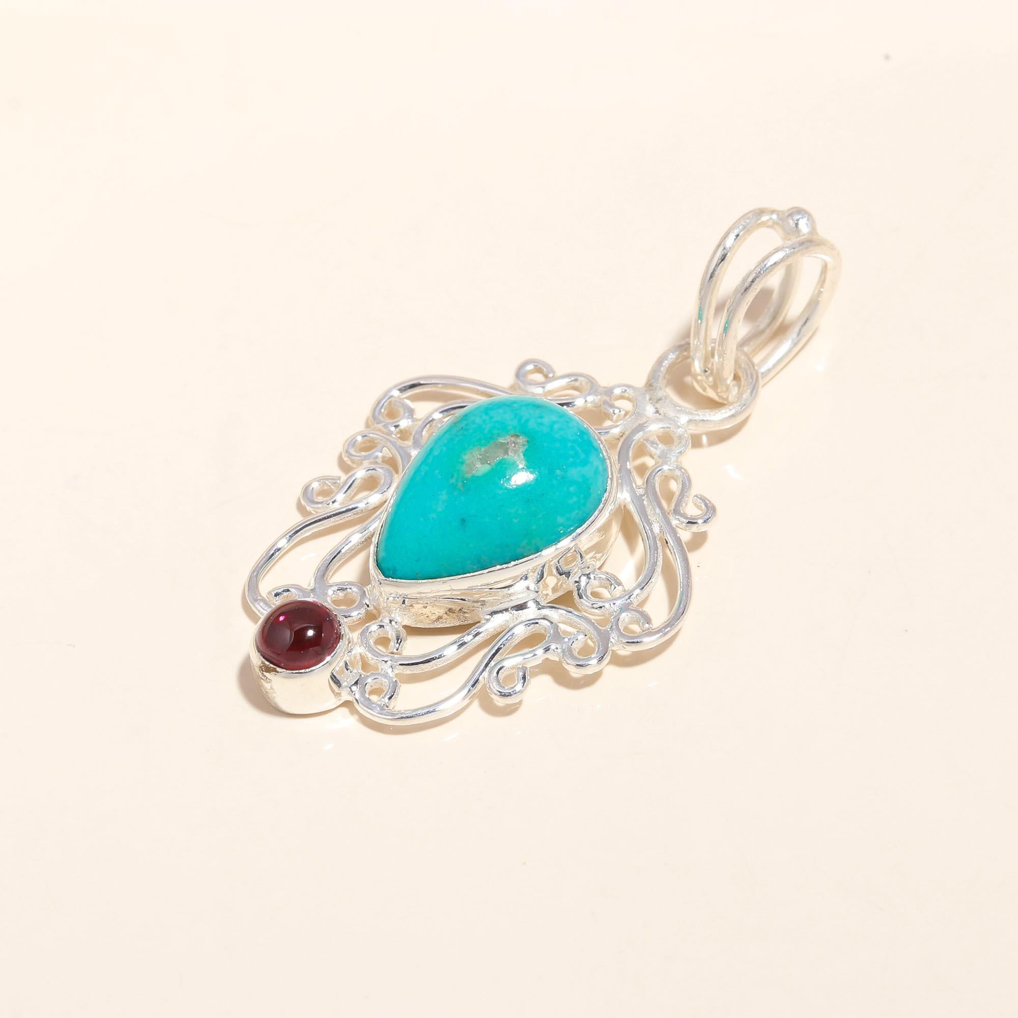 925 Sterling Silver Handmade Turquoise & Garnet Filigree Pendant