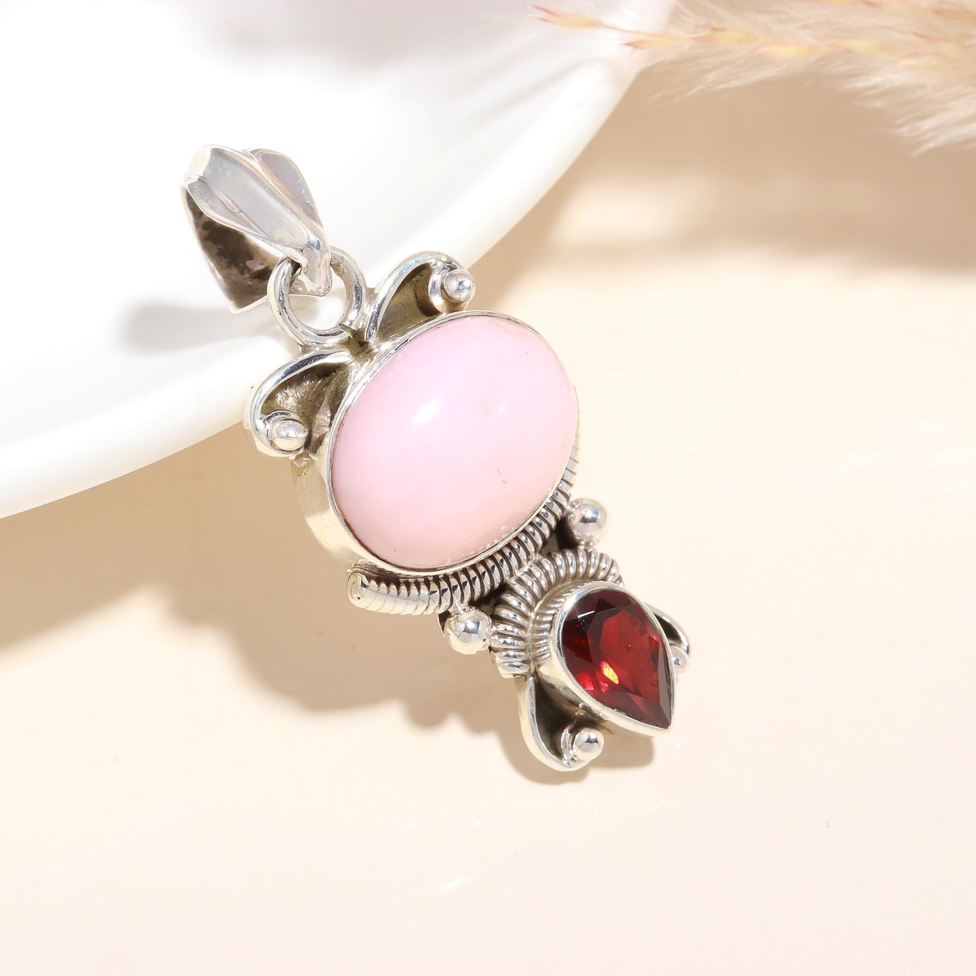 925 Sterling Silver Handmade Vintage Rose Quartz & Garnet Pendant
