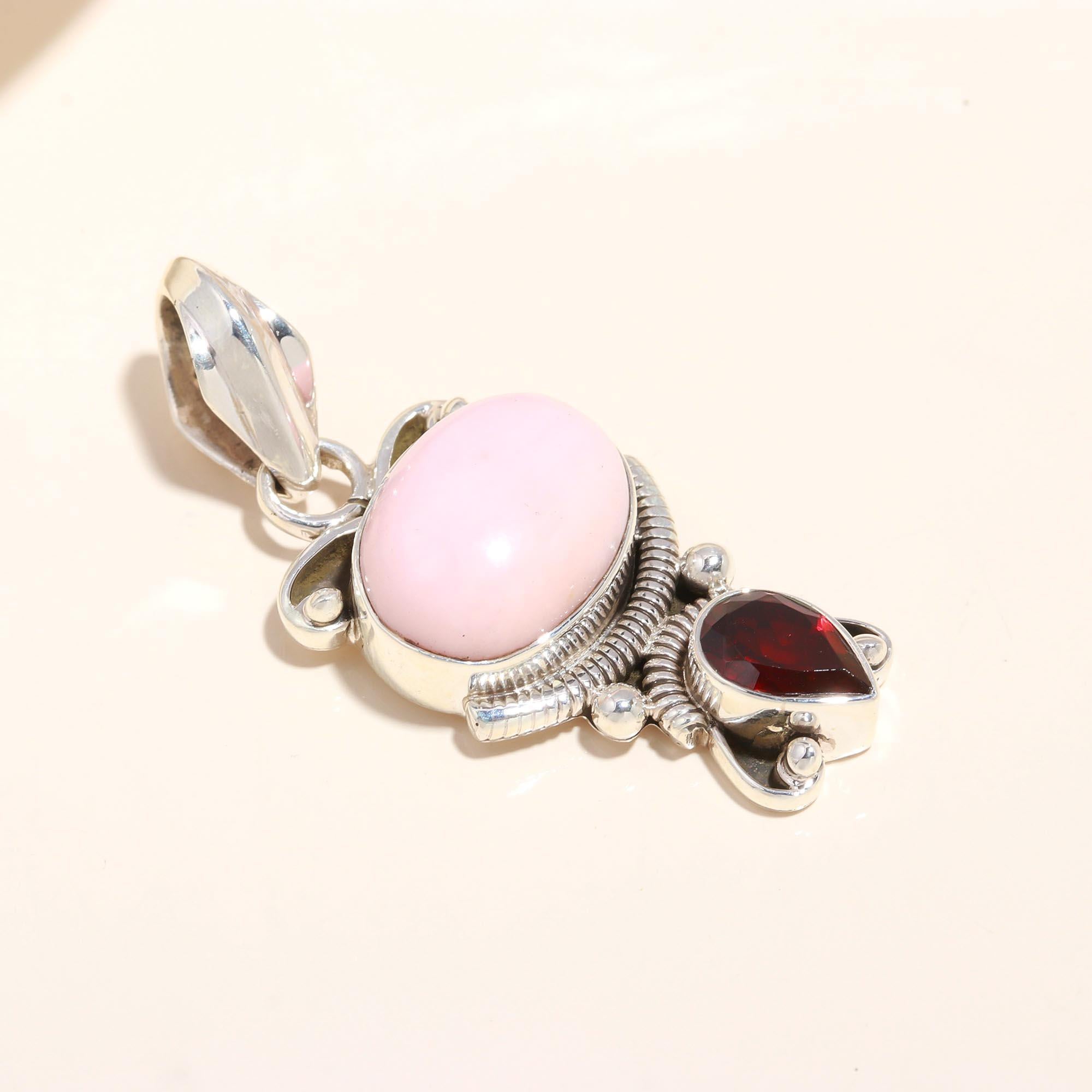 925 Sterling Silver Handmade Vintage Rose Quartz & Garnet Pendant