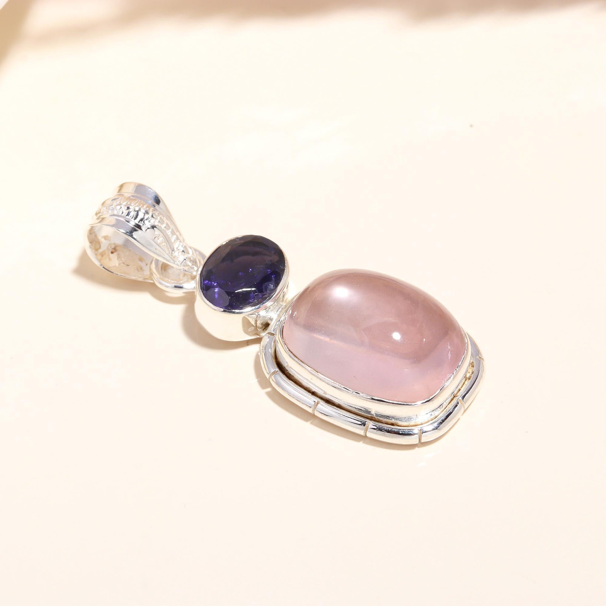 925 Sterling Silver Rose Quartz & Iolite Pendant