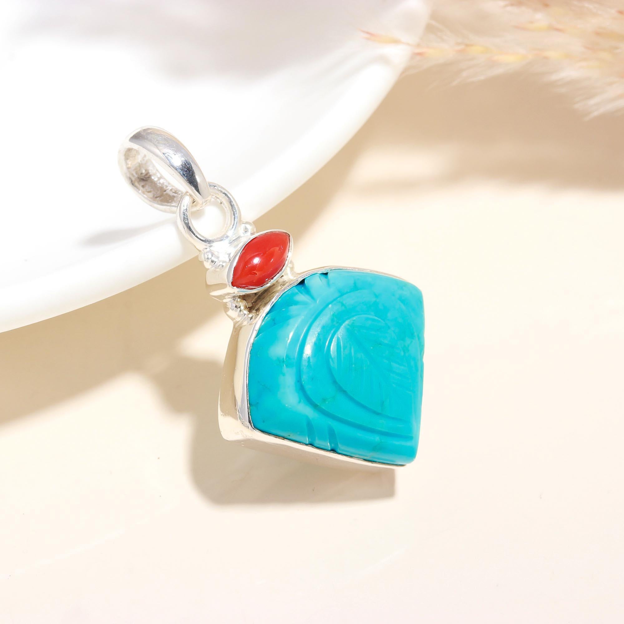 925 Sterling Silver Hand-Carved Turquoise & Coral Pendant