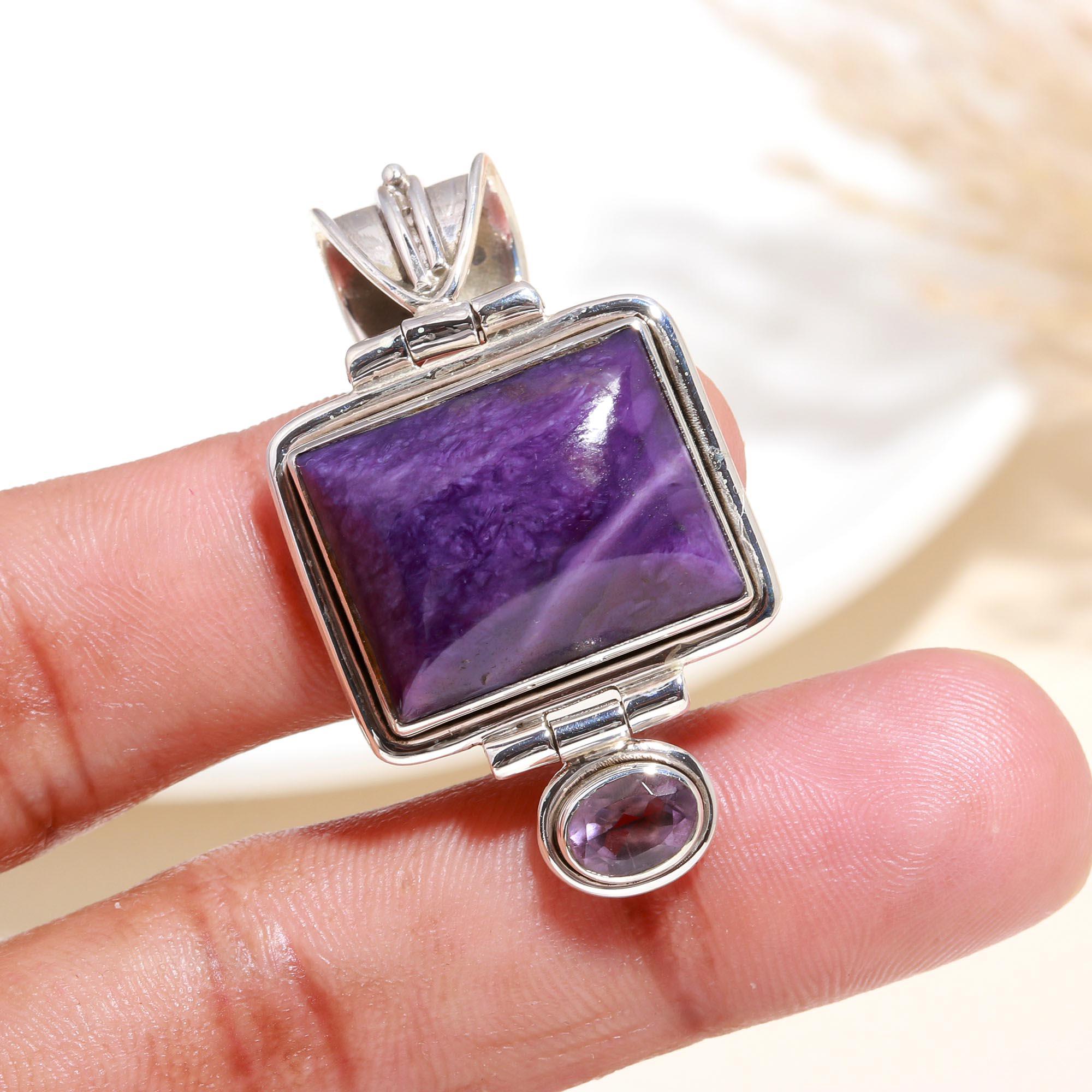 925 Sterling Silver Vintage Locket Purple Charoite Pendant