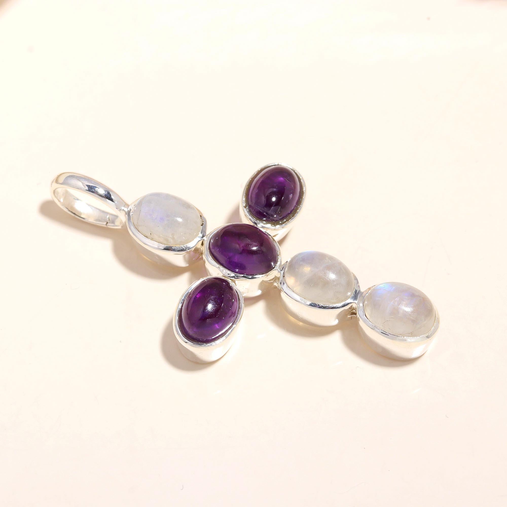 925 Sterling Silver Handmade Amethyst & Moonstone Cross Pendant