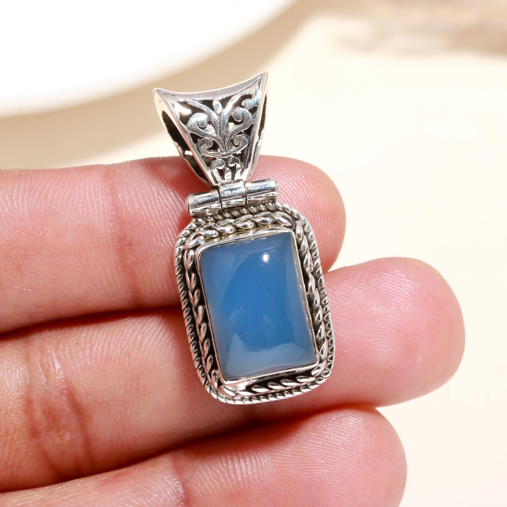 925 Sterling Silver Vintage Blue Chalcedony Rectangle Boho Pendant