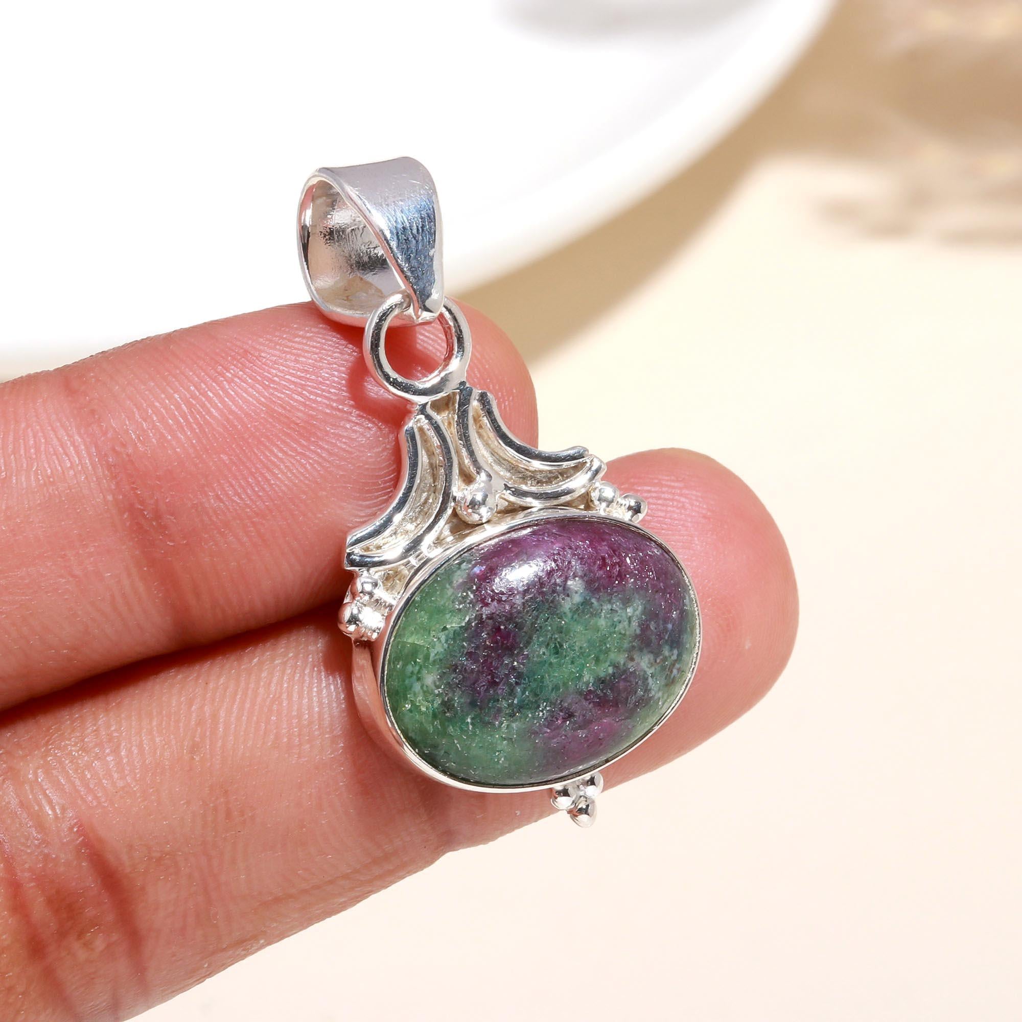 925 Sterling Silver Ruby Zoisite Oval Pendant