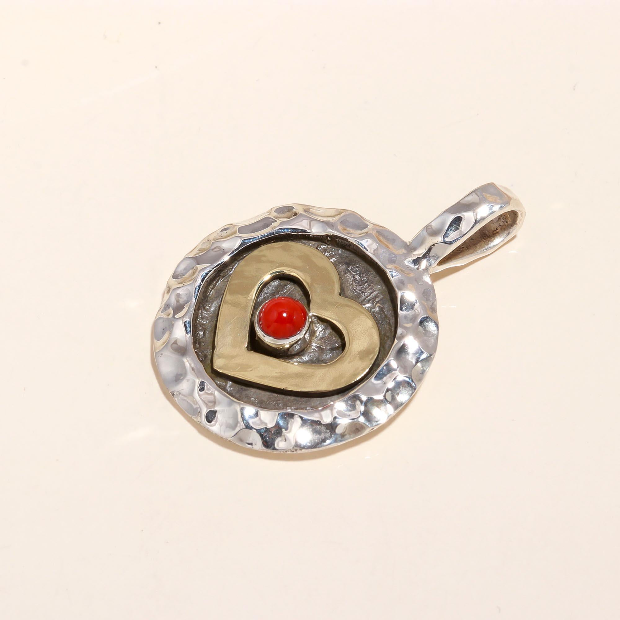925 Sterling Silver Red Coral Hammered Heart Pendant