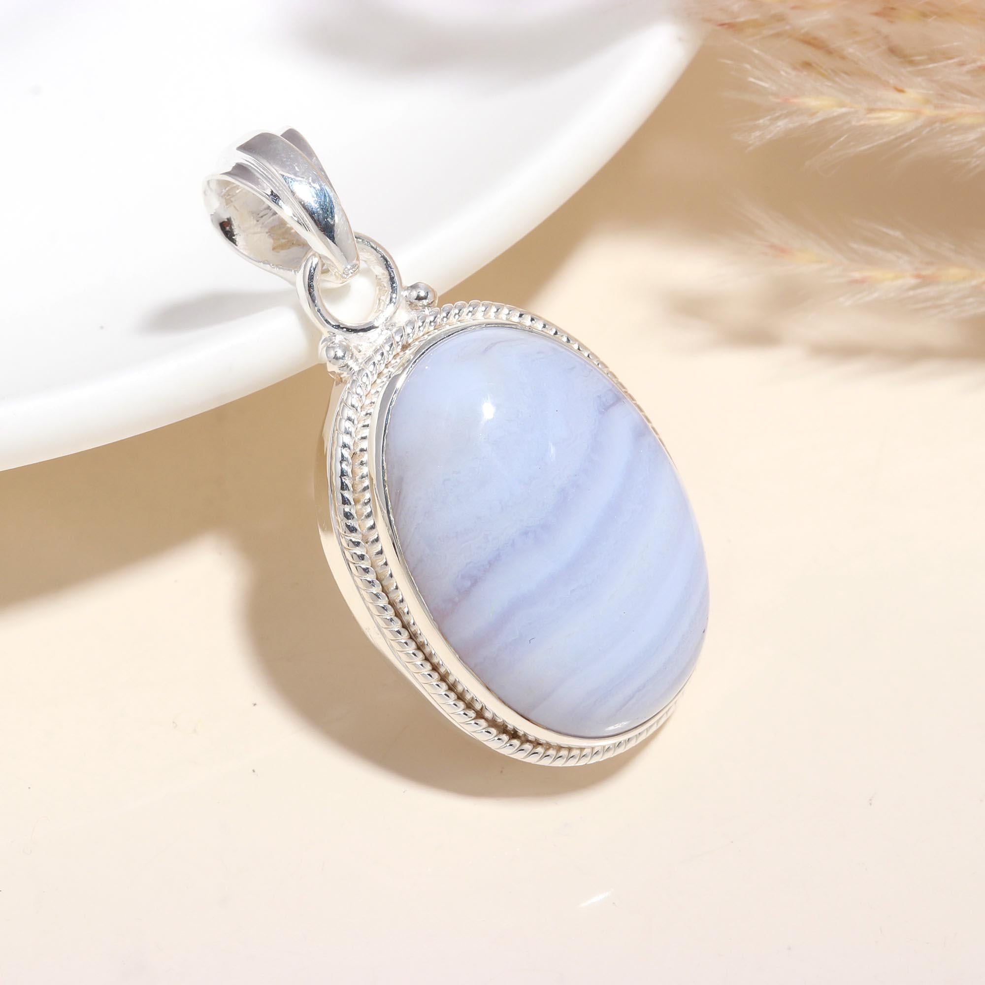 925 Sterling Silver Handmade Oval Blue Lace Agate Pendant