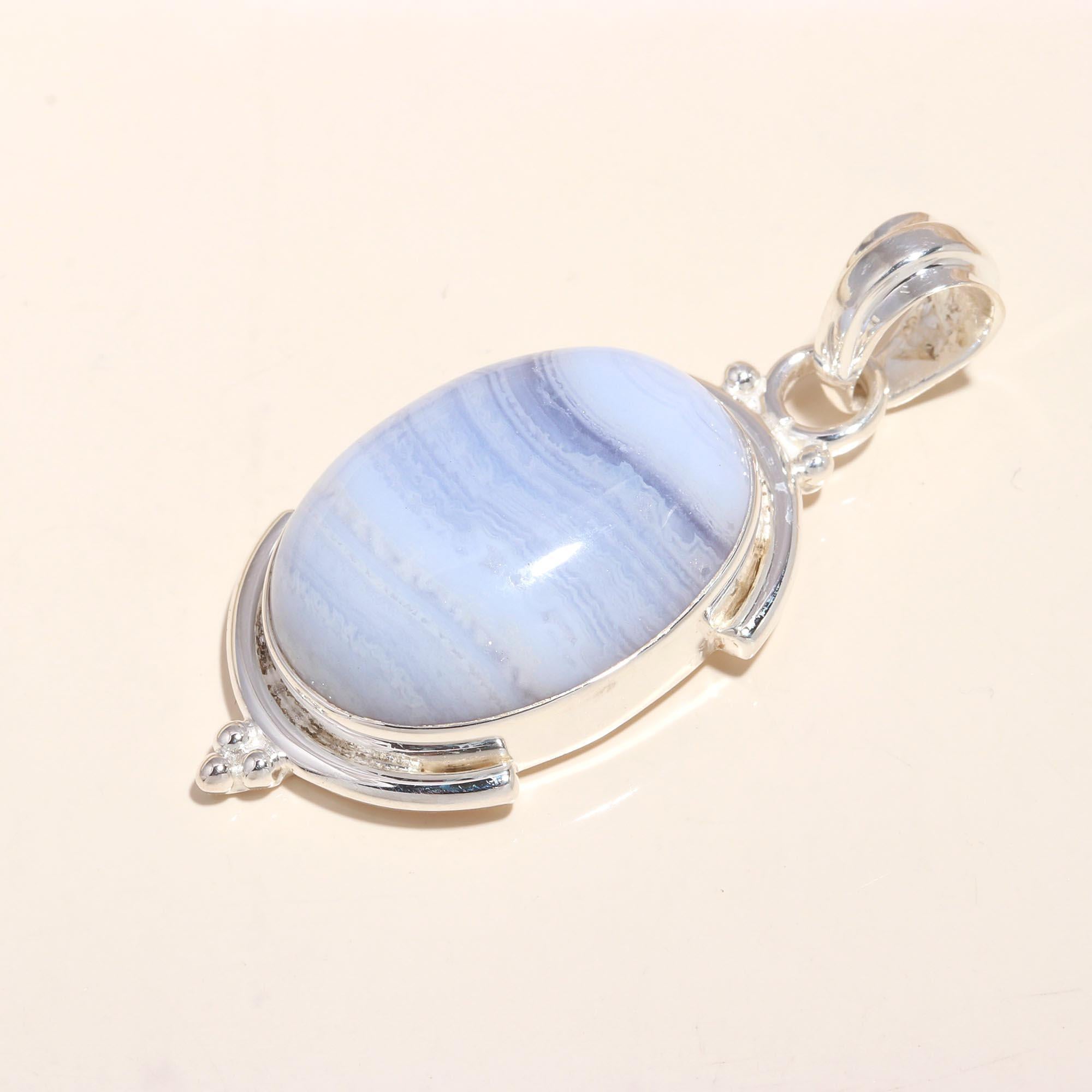 925 Sterling Silver Oval Blue Lace Agate Pendant