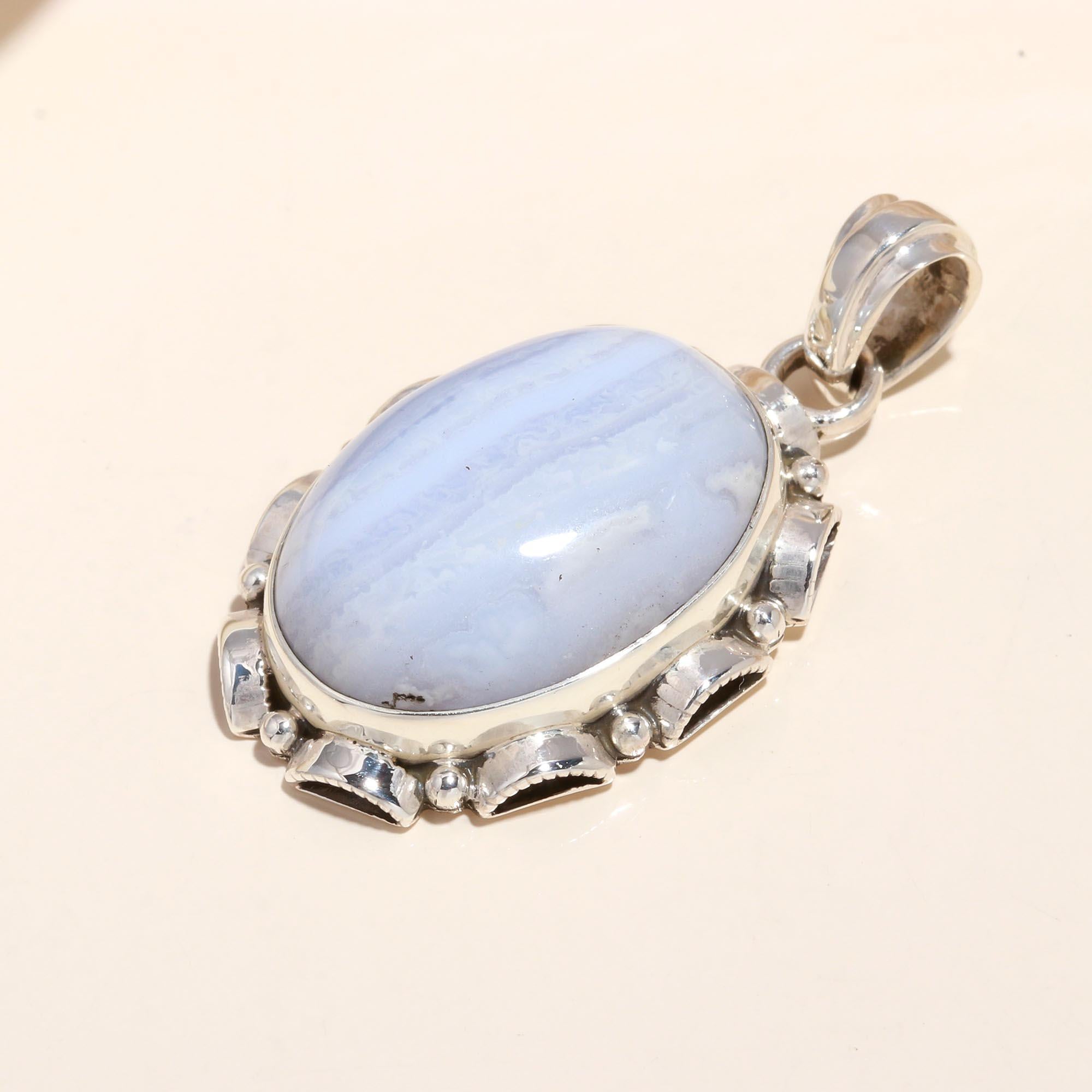 925 Sterling Silver Oval Blue Lace Agate Statement Pendant