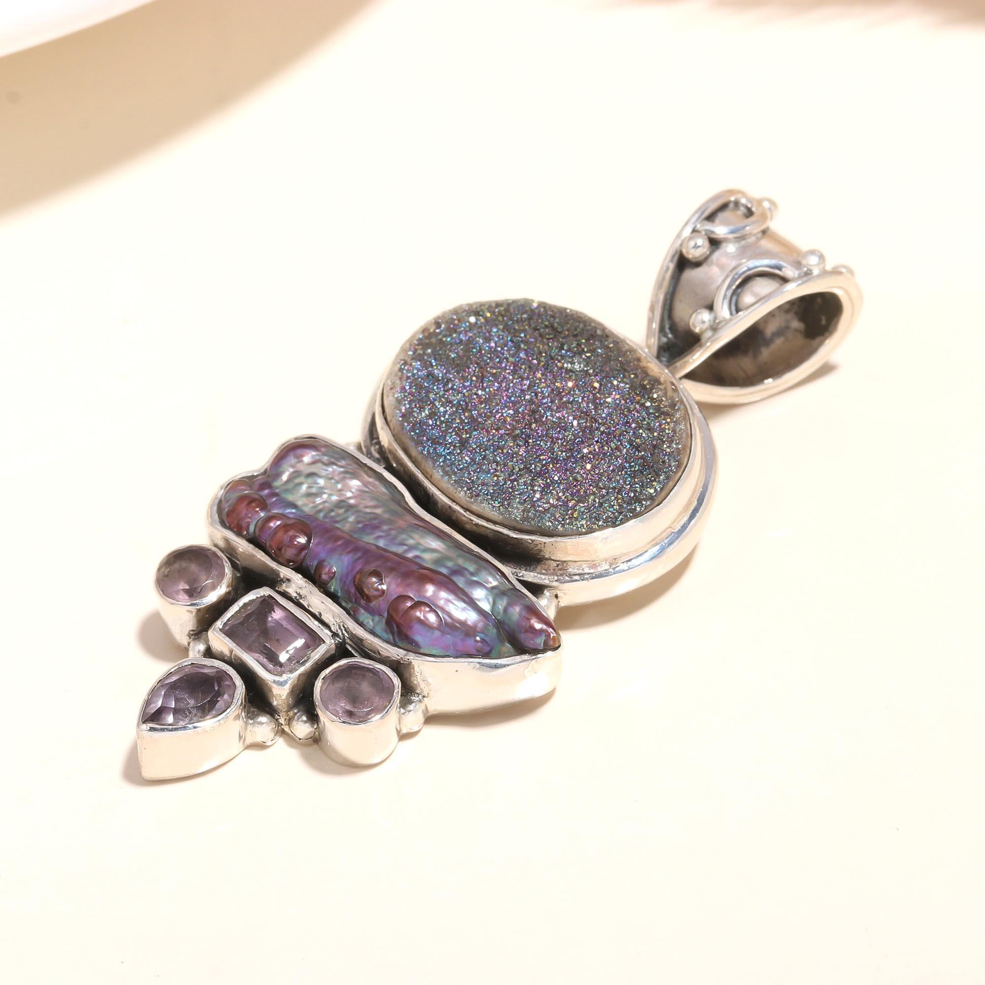 925 Sterling Silver Druzy & Abalone Shell Pendant