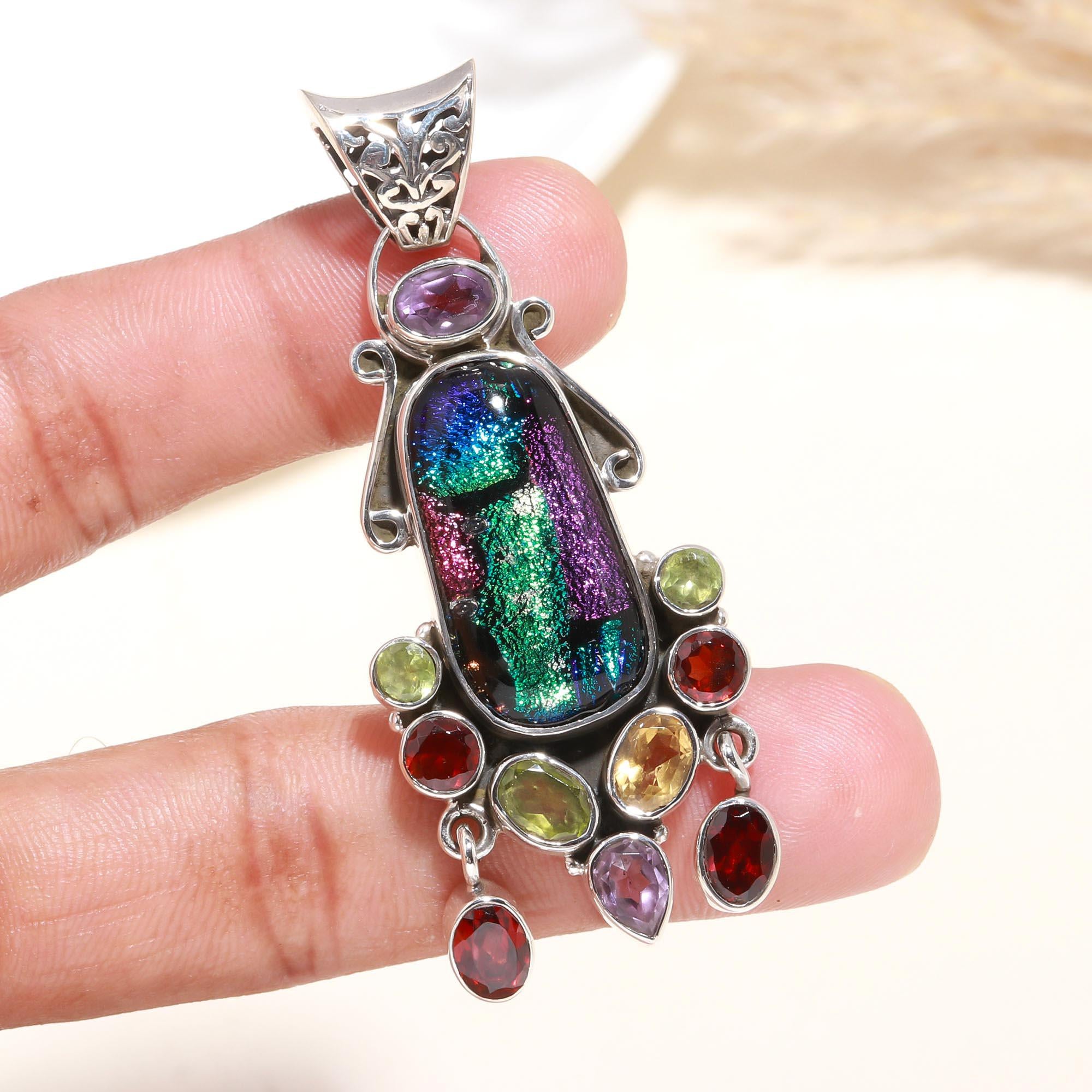 925 Sterling Silver Handmade Dichroic Glass &Mu lti-Gemstone Pendant