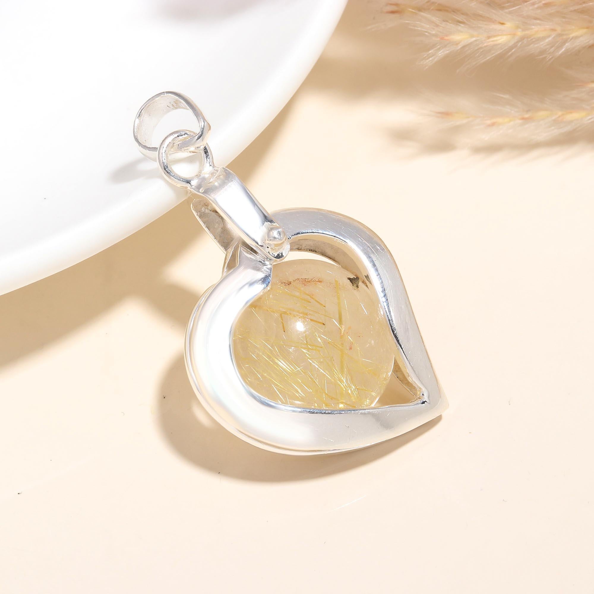 925 Sterling Silver Love Charm Rutilated Quartz Heart Pendant