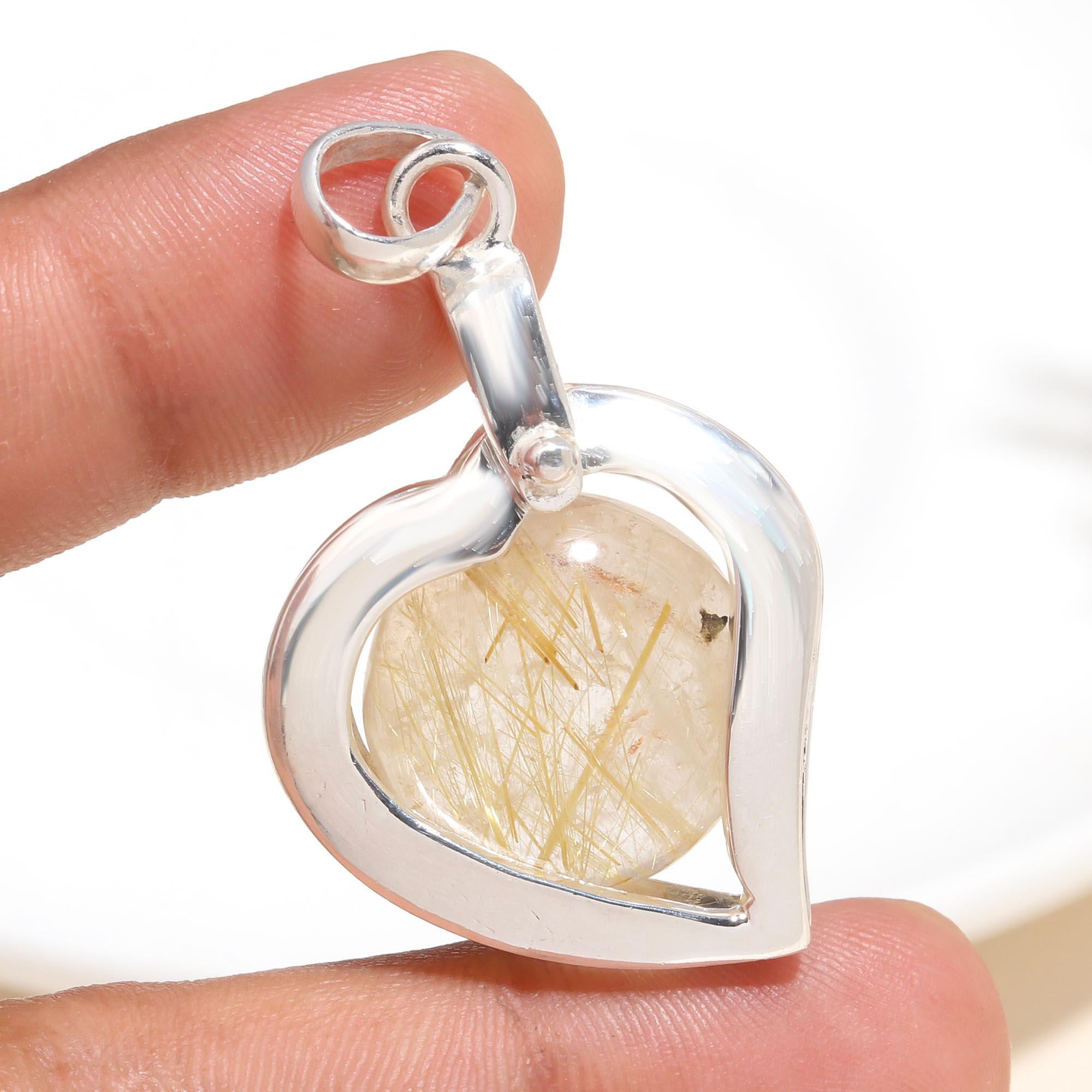 925 Sterling Silver Love Charm Rutilated Quartz Heart Pendant
