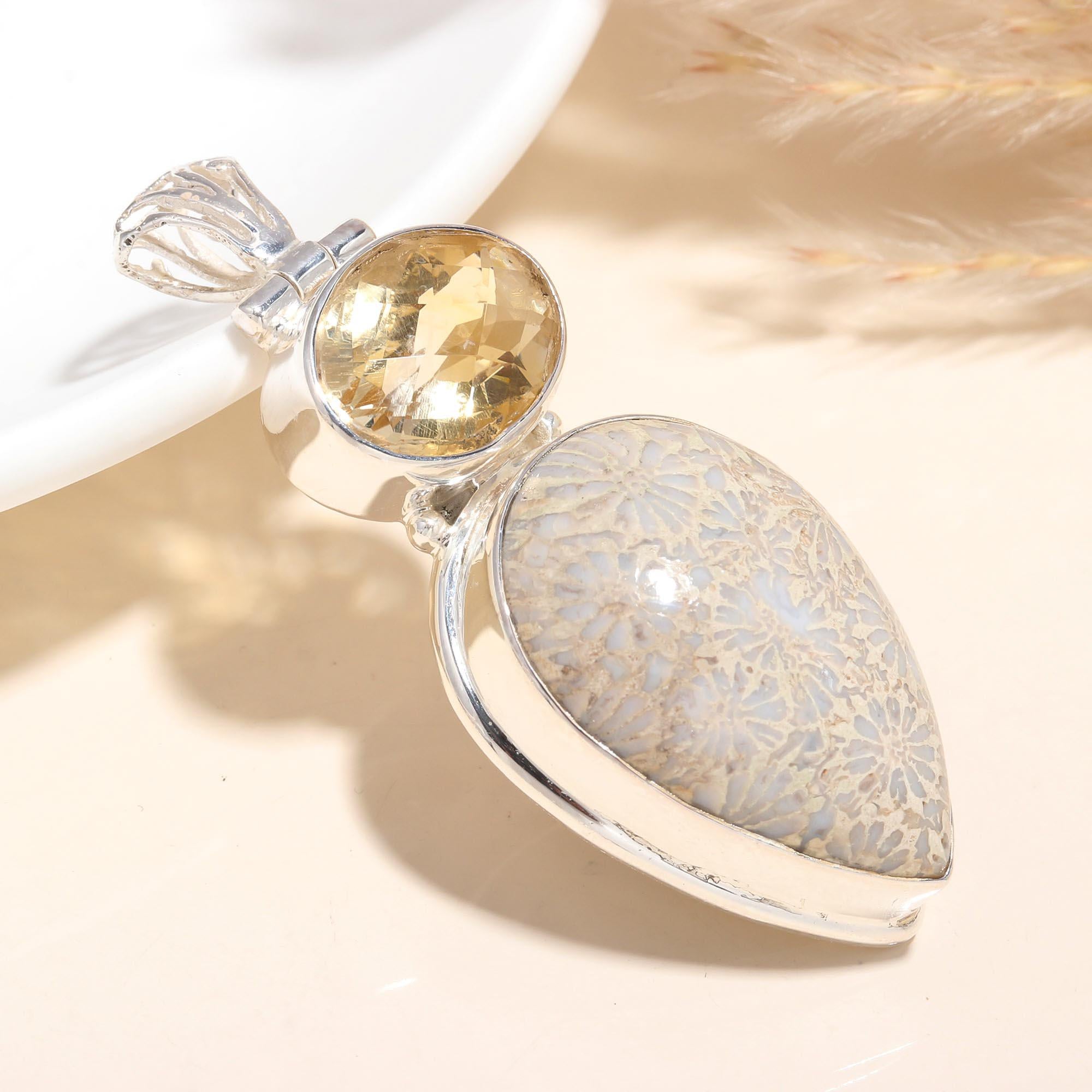 925 Sterling Silver Handmade Fossil Coral & Citrine Pendant