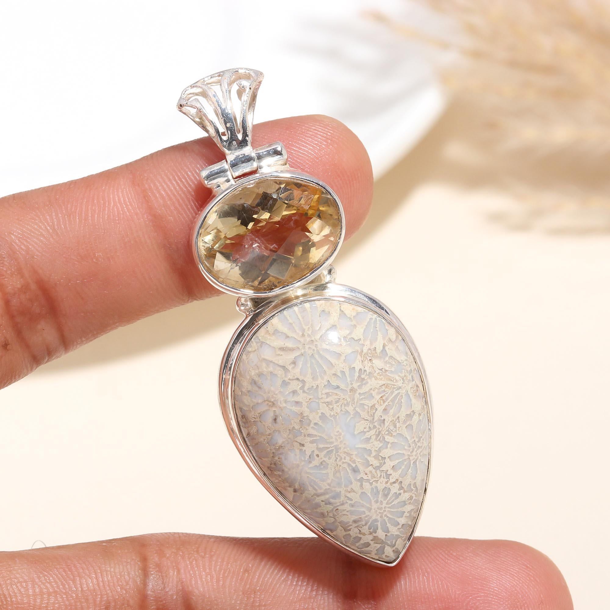 925 Sterling Silver Handmade Fossil Coral & Citrine Pendant