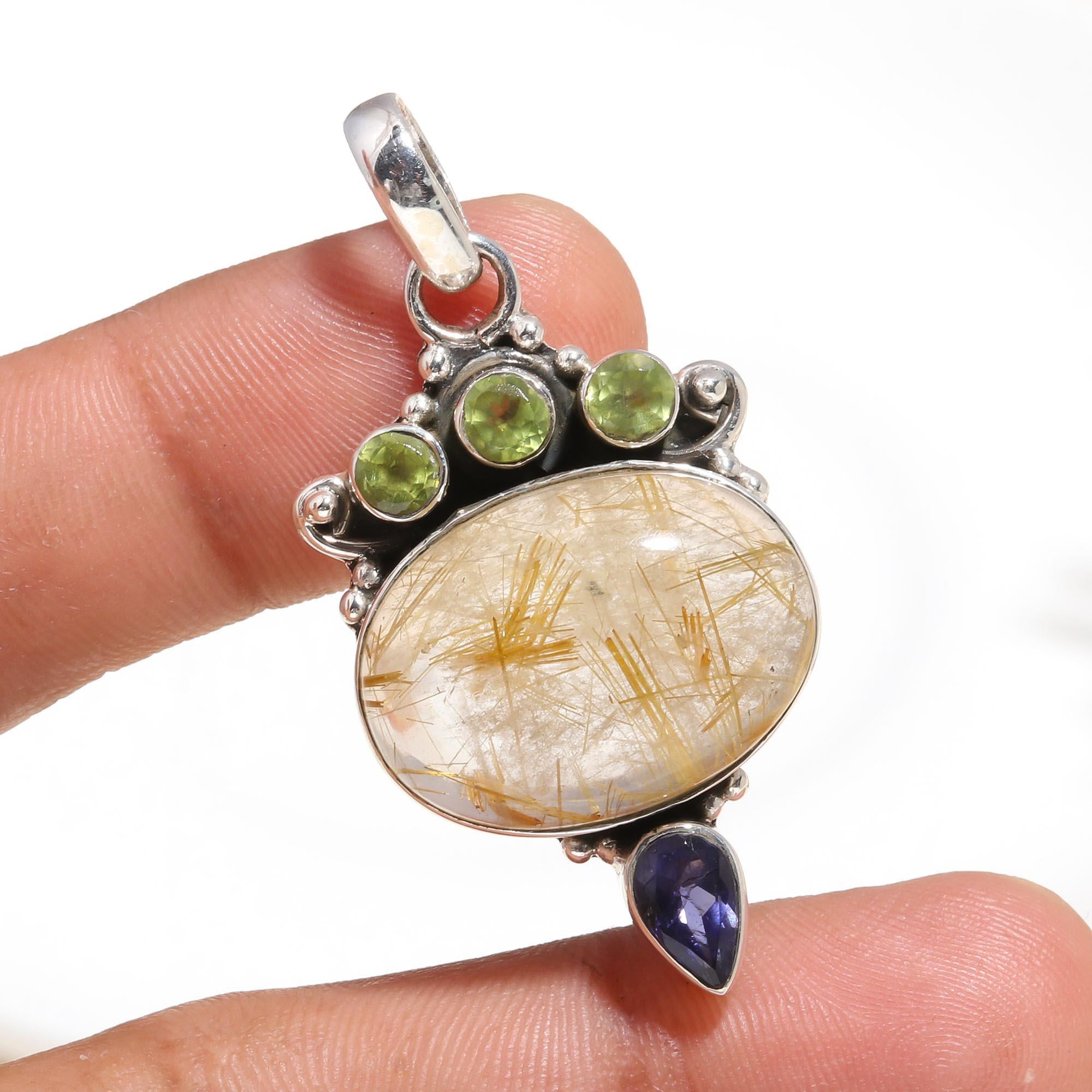 925 Sterling Silver Rutilated Quartz with Peridot & Iolite Gemstone Pendant