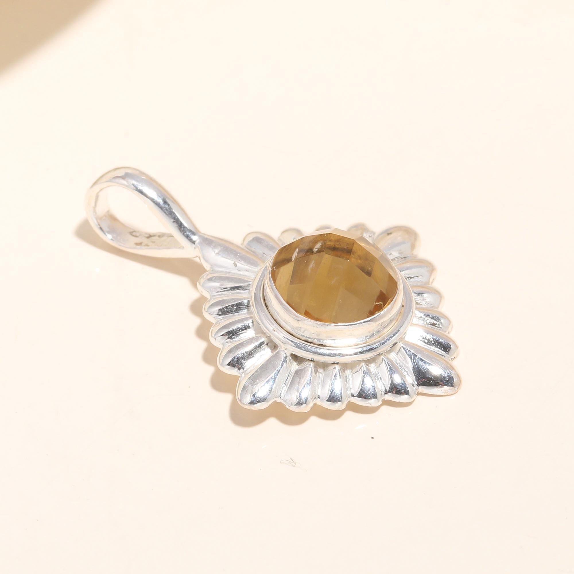 925 Sterling Silver Natural Citrine Sunburst Design Pendant