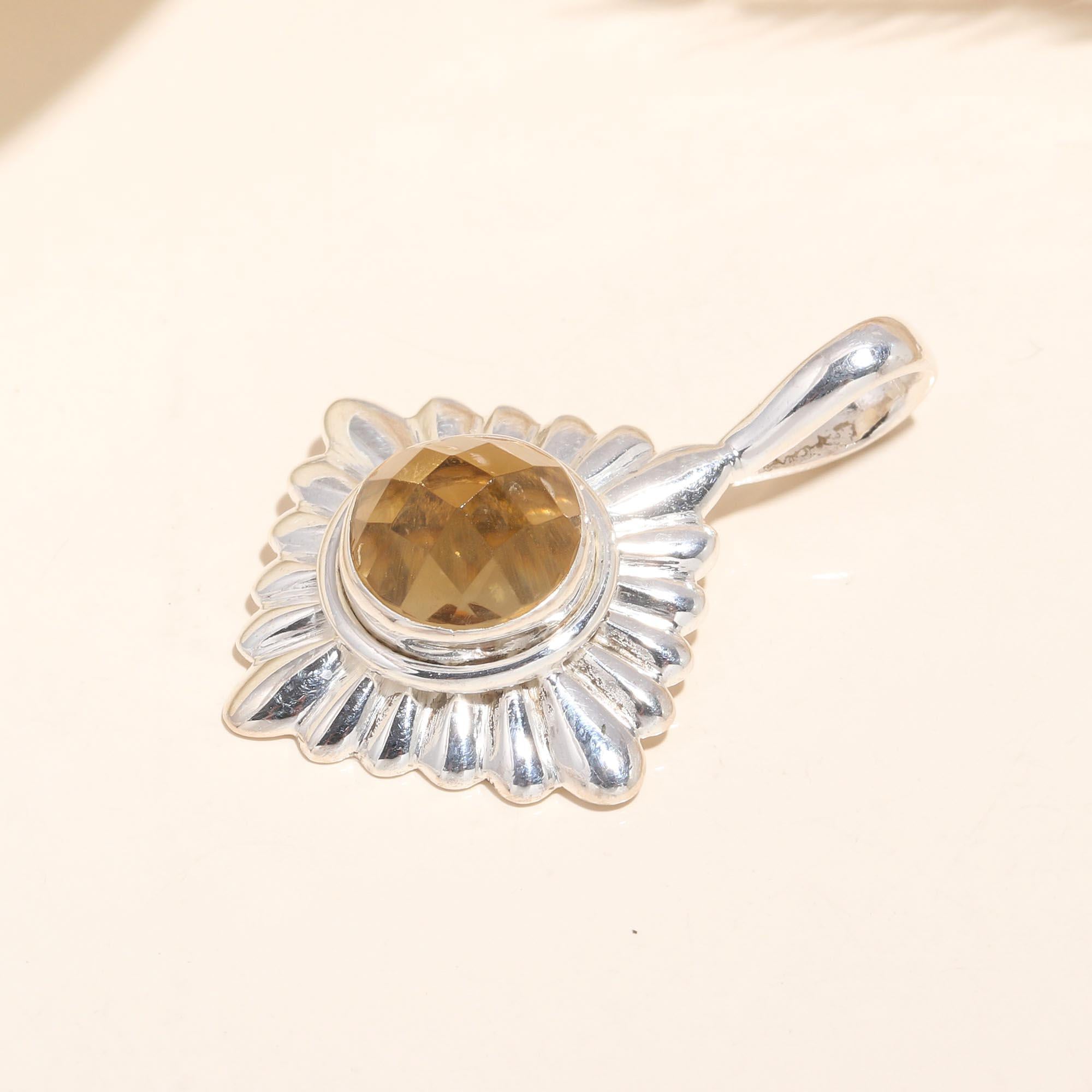 925 Sterling Silver Natural Citrine Sunburst Design Pendant
