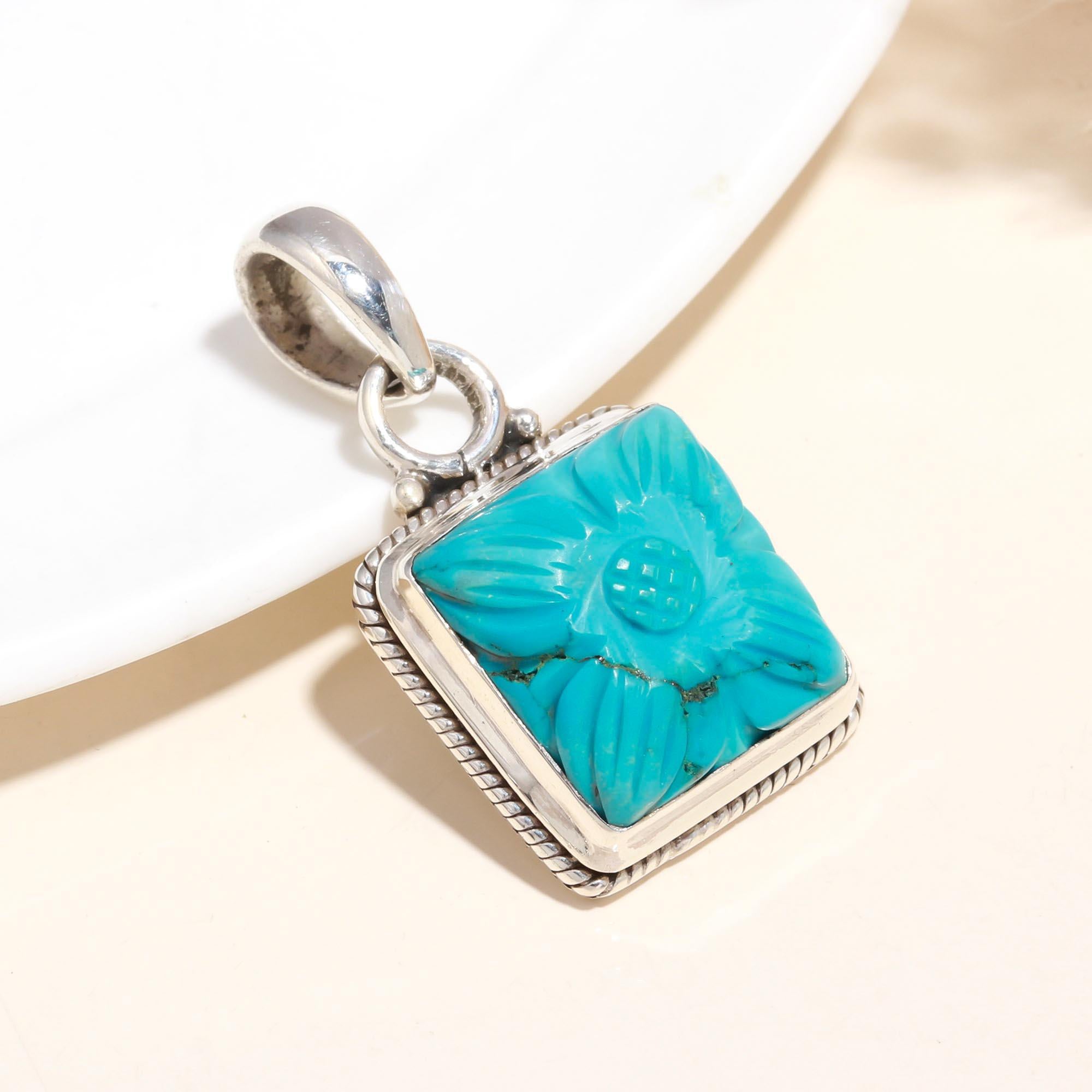 925 Sterling Silver Floral-Inspired Design Carved Turquoise Pendant