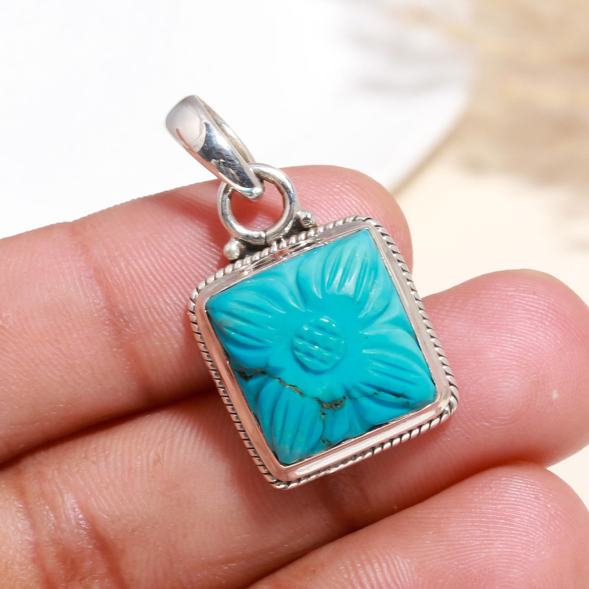 925 Sterling Silver Floral-Inspired Design Carved Turquoise Pendant