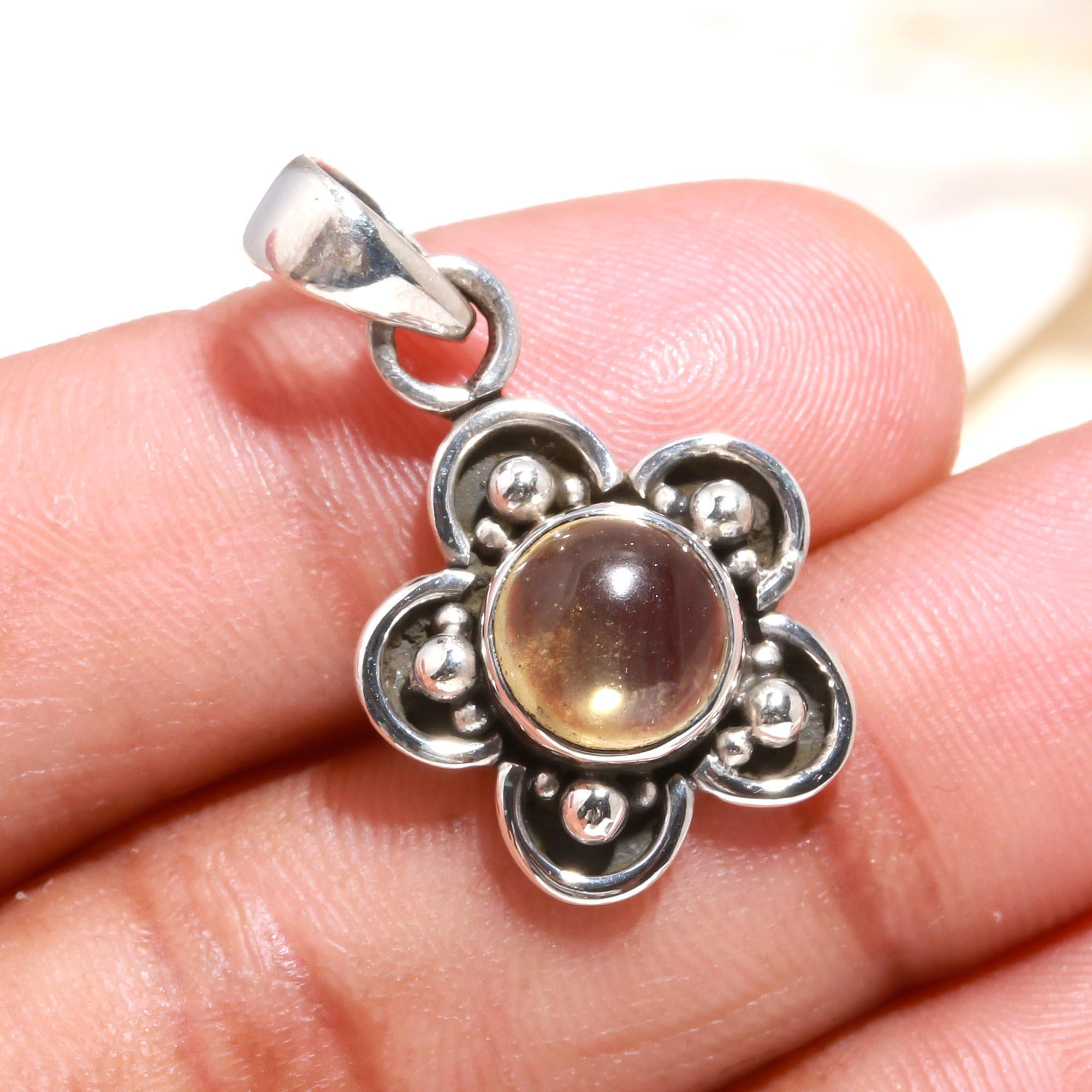 925 Sterling Silver Golden Gemstone Floral Boho Pendant