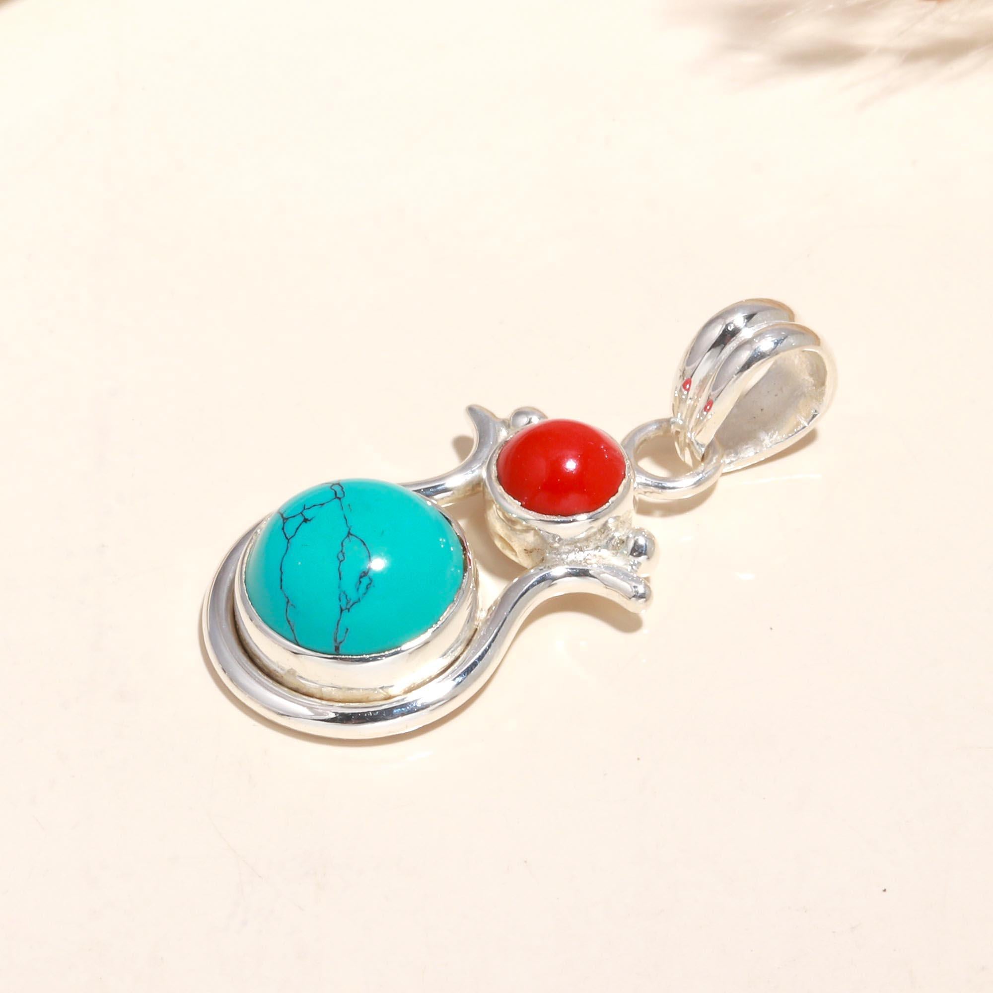 925 Sterling Silver Turquoise & Coral Pendant